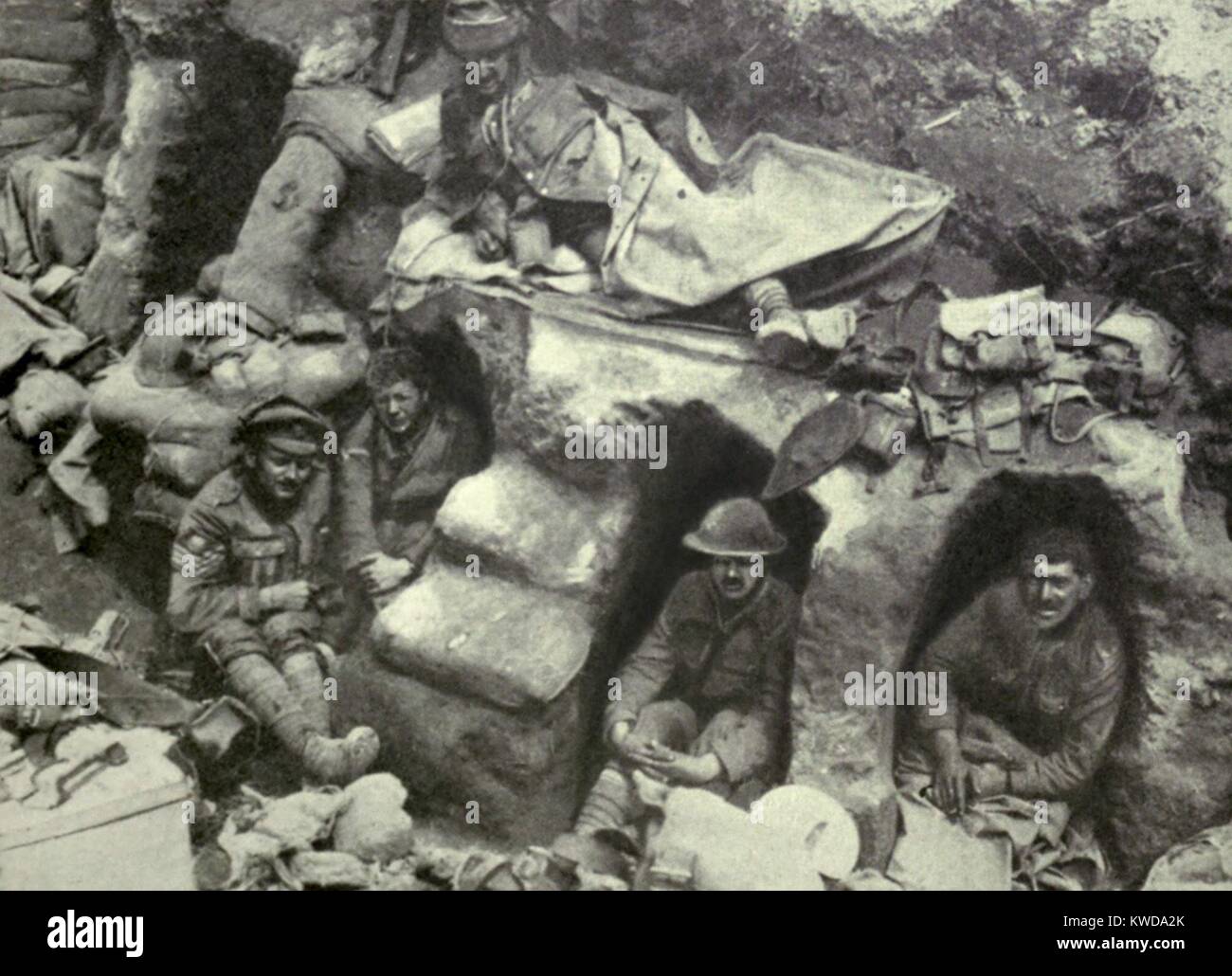 World War 1. Somme Offensive. Soldiers of the Border Regiment resting in shallow dugouts near Thiepval Wood. August 1916. (BSLOC 2013 1 136) Stock Photo