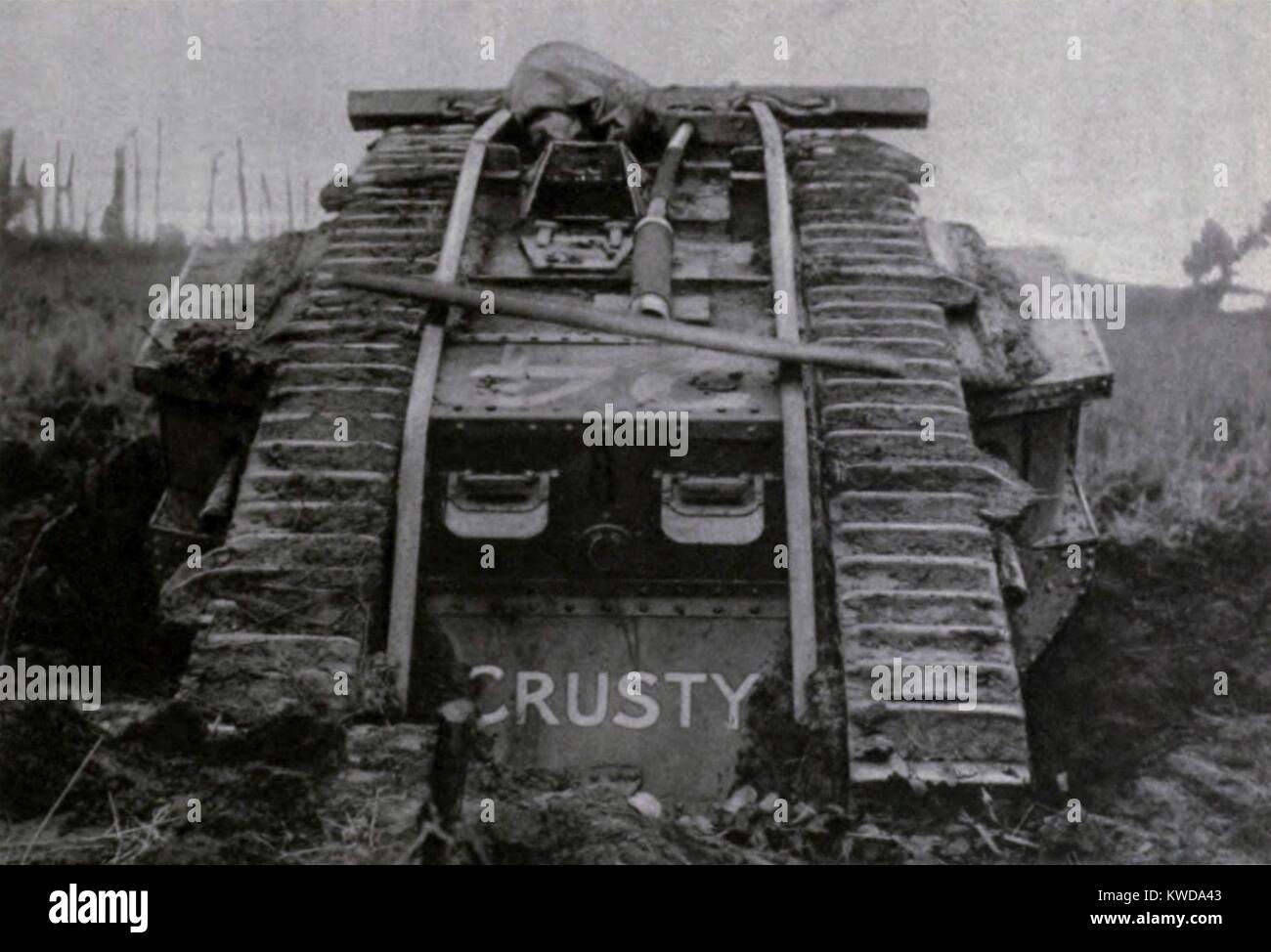 World War 1. British Mark IV Tank named Crusty prior to battle of Cambrai. 1917. (BSLOC 2013 1 150) Stock Photo