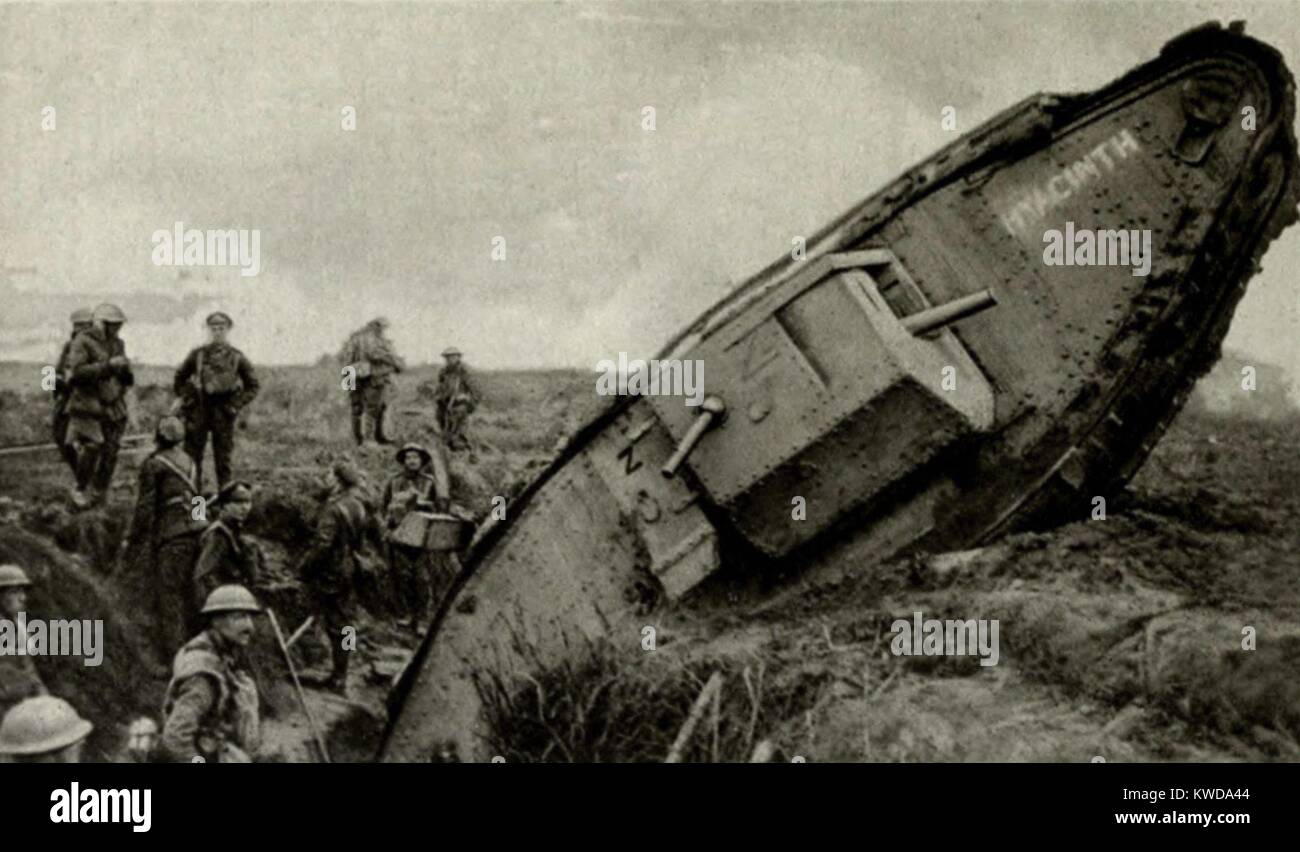 World War 1. British Tanks on the Western Front. A tank named Hyacinth stuck after falling into the second trench system of the Hindenburg Line. Ca. 1917. (BSLOC 2013 1 151) Stock Photo