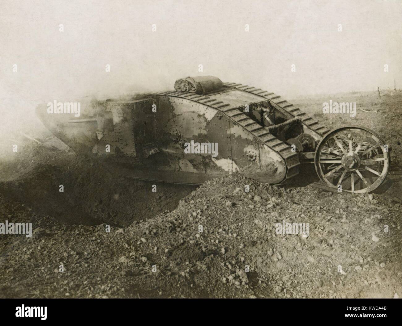 World War 1. Somme Offensive. One of the larger British tanks, the Mark I, spanning an enemy trench. The tank was introduced by the British on Sept. 15, 1916, during the Battle of Flers-Courcelette, of the Somme Offensive. (BSLOC 2013 1 153) Stock Photo