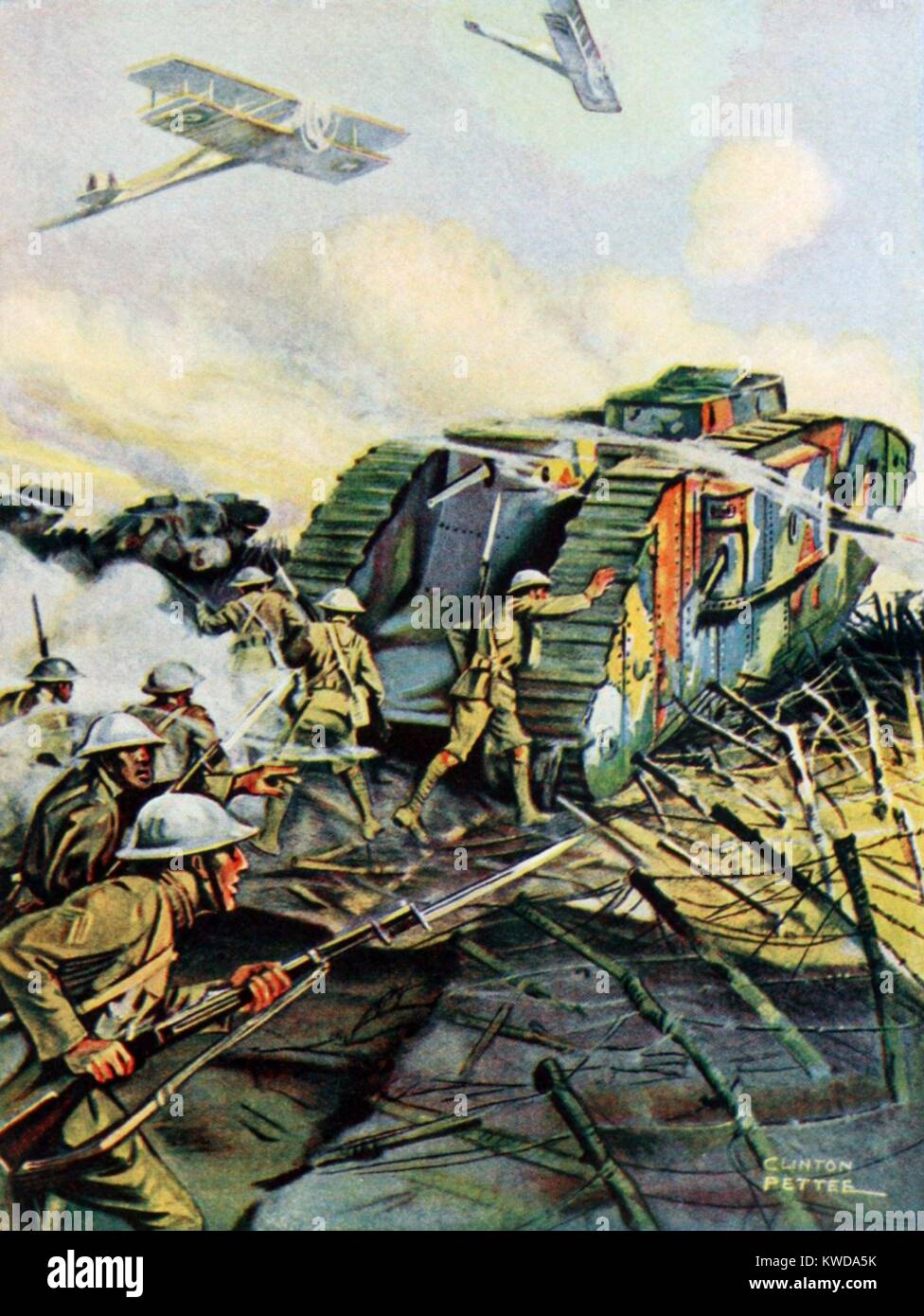 World War 1 Tanks. Illustration of a British tank in battle, crushing German barbed wire defenses, and sheltering British soldiers following. In the air are British military bi-planes. Ca. 1918. (BSLOC 2013 1 164) Stock Photo