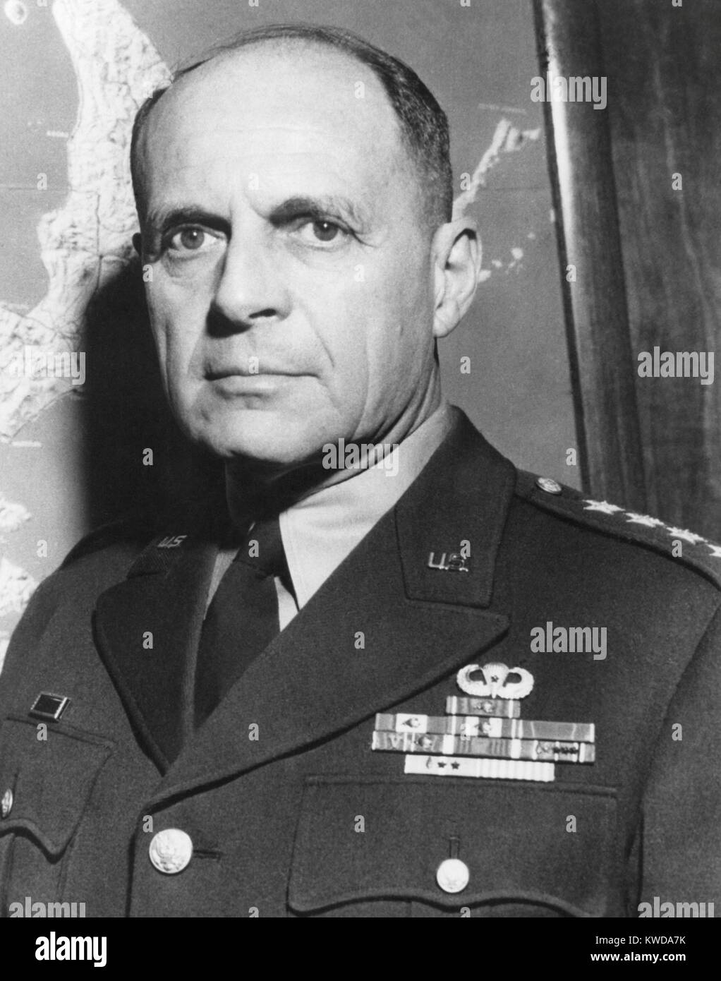General Matthew Ridgeway, as a four star General standing in front of a map of Japan. In April 1951 he replaced Gen. Douglas MacArthur as Commander of UN forces in Korea and as Military Governor of Japan. He oversaw the restoration of Japan's sovereignty (BSLOC 2016 7 28) Stock Photo