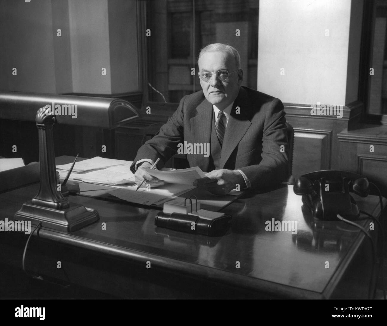 John Foster Dulles after his 1949 Senate service and before his 1953 nomination for Sec. of State. In April 1951, President Truman sent Dulles to Tokyo to assure the Japanese Government that General MacArthur's departure signified no important change in U (BSLOC 2016 7 32) Stock Photo