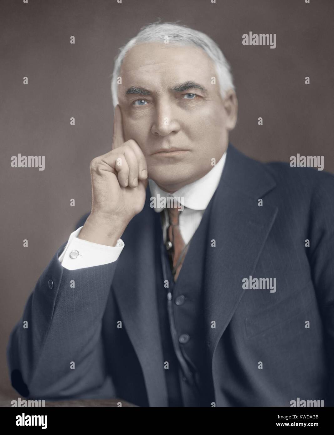 President Warren Harding, ca. 1921-23. He was President for less than two and half years when he died during a tour of Alaska and the Western states on August 2, 1923. Studio portrait with digital color (BSLOC_2016_9_11)DUPLICATE REMOVED: SHOULD HAVE BEEN "7 Continents History", AS PER Barbara Schultz - DD Stock Photo
