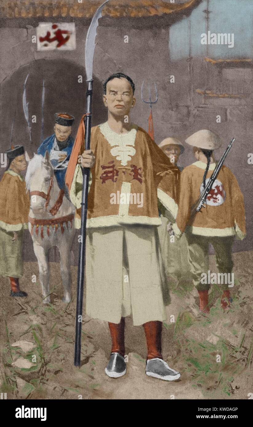 Chinese ‘Boxer’ soldiers with a Mandarin leader, c. 1899-1900. They were members of the secret society, ‘Ih-hwo-Ch’uan’, (I Ho Chuan) which translated to ‘Fists of Righteous Harmony’ or ‘Volunteer United Trained Bands’ or ‘Militia United in Righteousness’ (BSLOC 2016 9 6)DUPLICATE REMOVED: SHOULD HAVE BEEN '7 Continents History', AS PER Barbara Schultz - DD Stock Photo