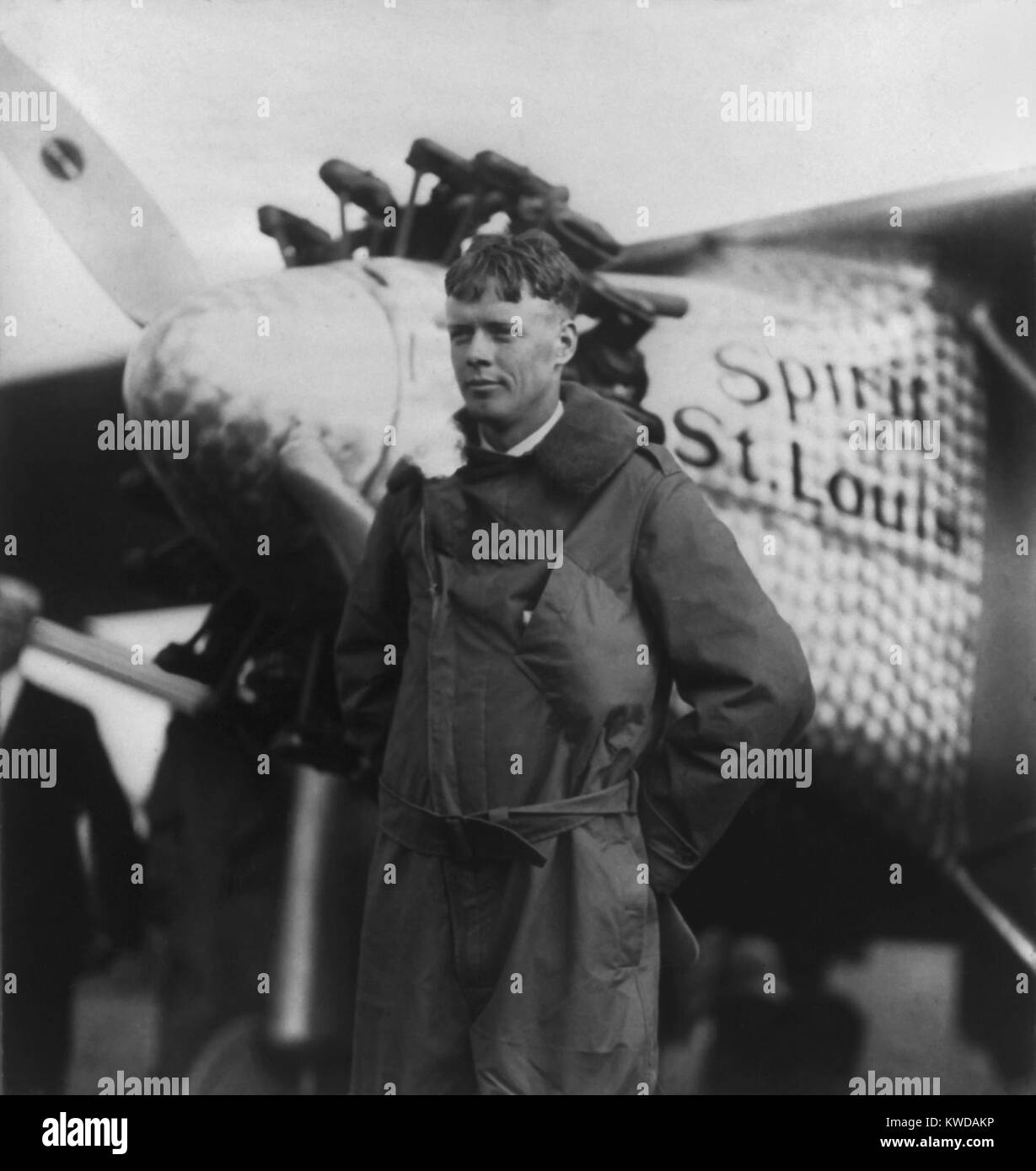Charles A. Lindbergh, with the Spirit of Saint Louis, before his New York to Paris flight of May 20-21. The 25 year old pilot on May 12, 1927, during preparations for his historic flight (BSLOC 2016 10 152) Stock Photo