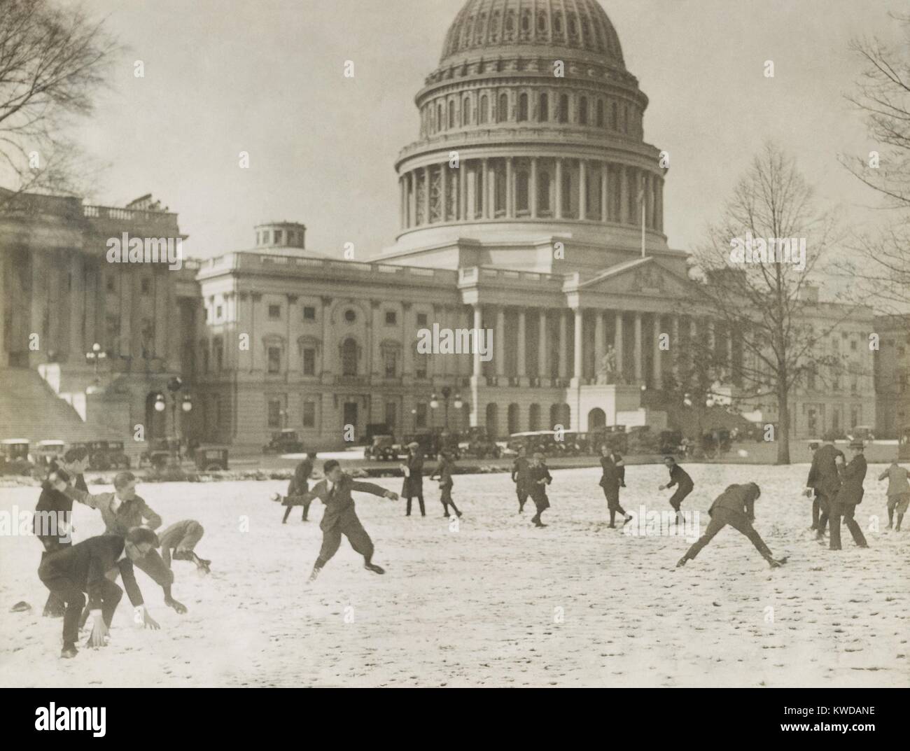 A Republican vs. Democratic snow ball battle at the Capitol among Senate page boys, Dec. 14, 1923 (BSLOC 2016 10 188) Stock Photo