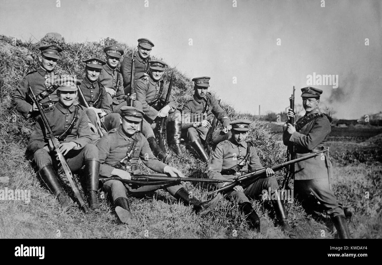 World War 1 in East Asia. Some of the 3,000 German defenders of Tsingtao, a German colony seized from China in 1897. For six weeks they resisted 50,000 Japanese soldiers. The Battle ended with 200 Germans killed to a Japanese death toll of 1,455. The soldier second from right appears to have Jewish ancestry. Sept.-Oct. 1914. (BSLOC 2013 1 11) Stock Photo
