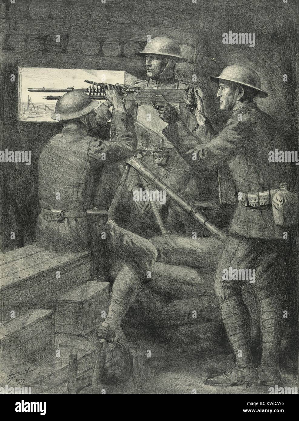 World War 1: Battle of Verdun. A U.S. machine gun emplacement in the Verdun trenches. 1927 lithograph by Lucian Jonas. (BSLOC 2013 1 111) Stock Photo