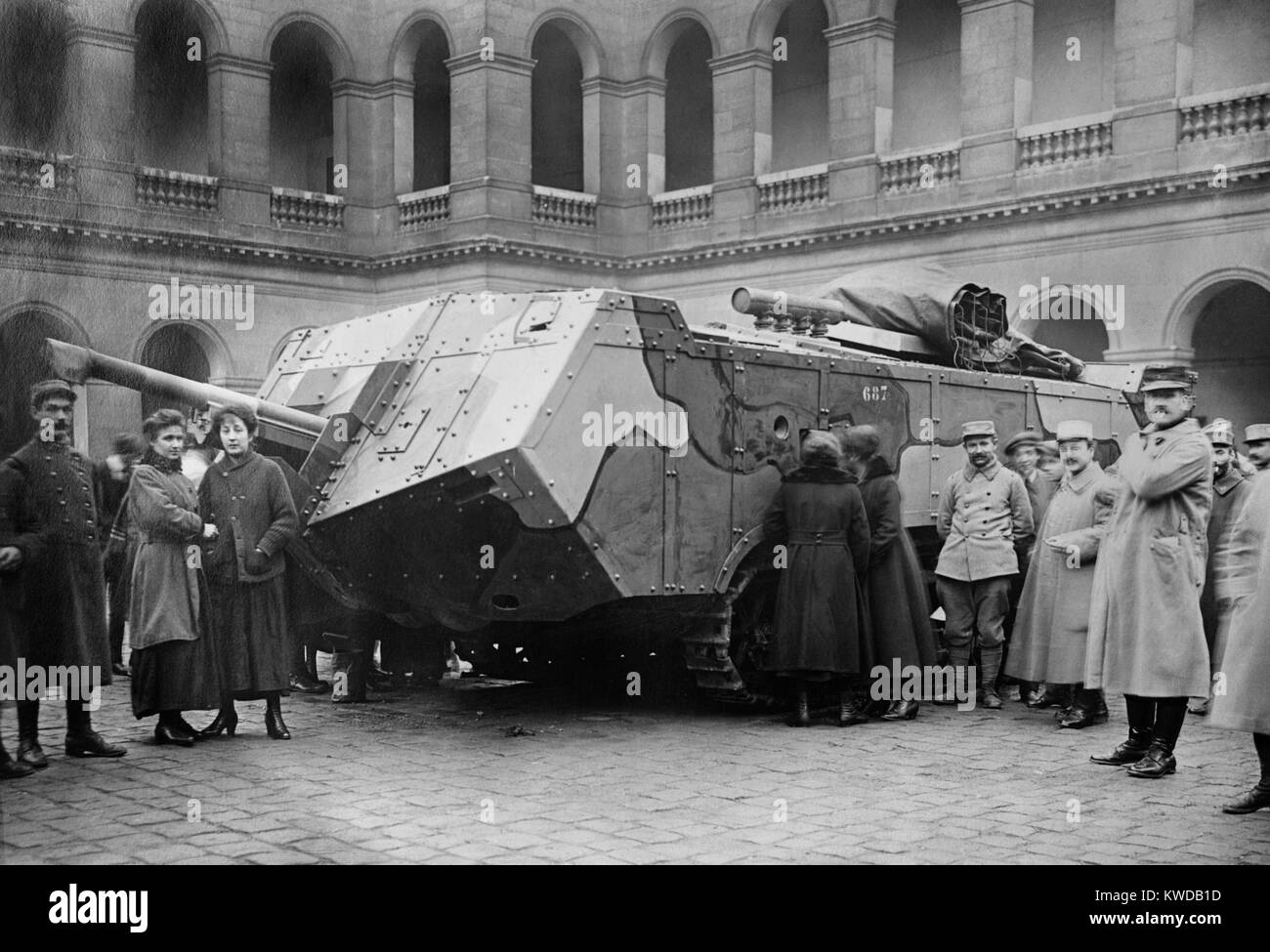 World War 1 Tanks. Camouflaged French Saint-Chamond tank on display. It had a long body with a lot of the vehicle projecting forward of the short caterpillar tracks. Ca. 1917-8 (BSLOC 2013 1 159) Stock Photo
