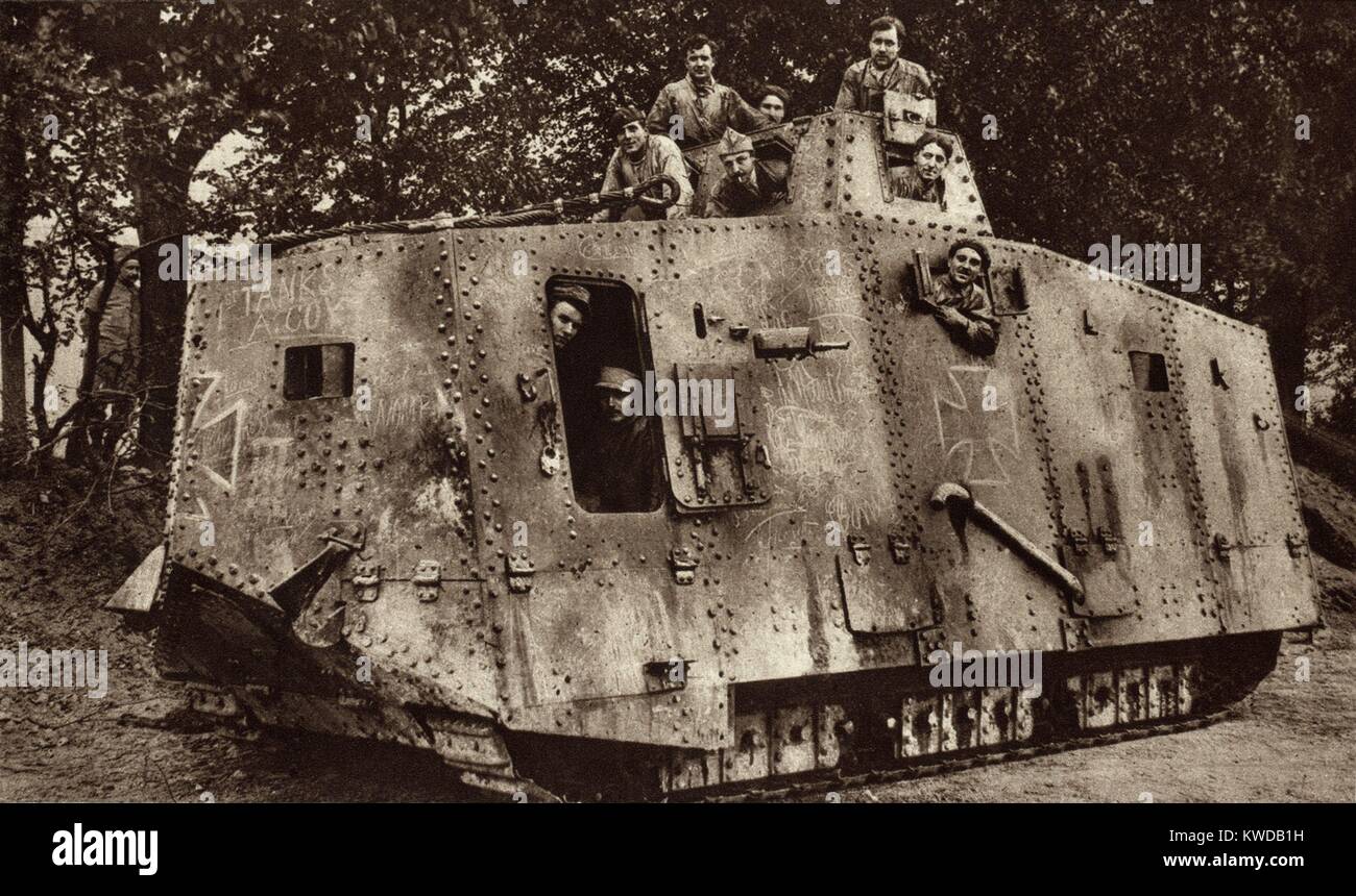 World War 1 Tanks. German A7V was the only tank developed by Germany and no more than 20 were built. This captured A7V tank is manned by French soldiers. Ca. 1917-18. (BSLOC_2013_1_162) Stock Photo
