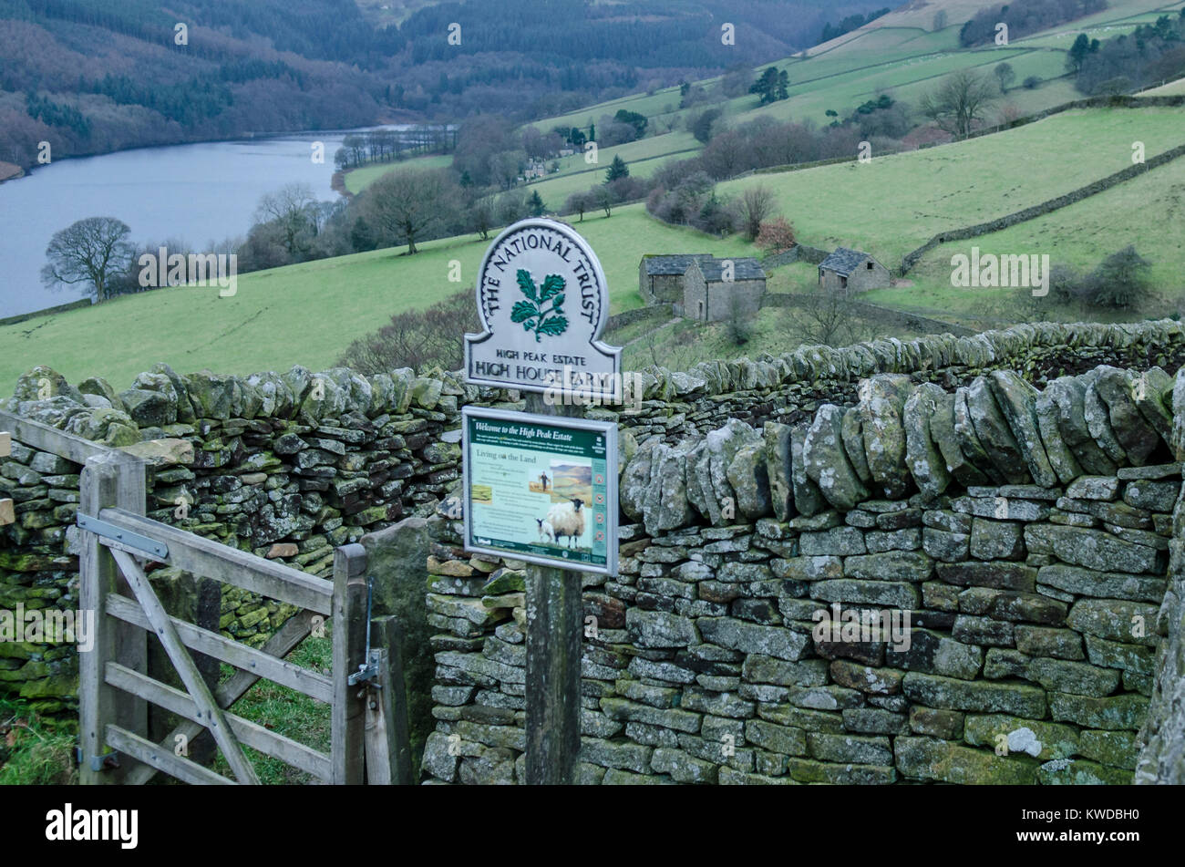 Peak district national park scene with National Trust sign and dry stone wall Stock Photo