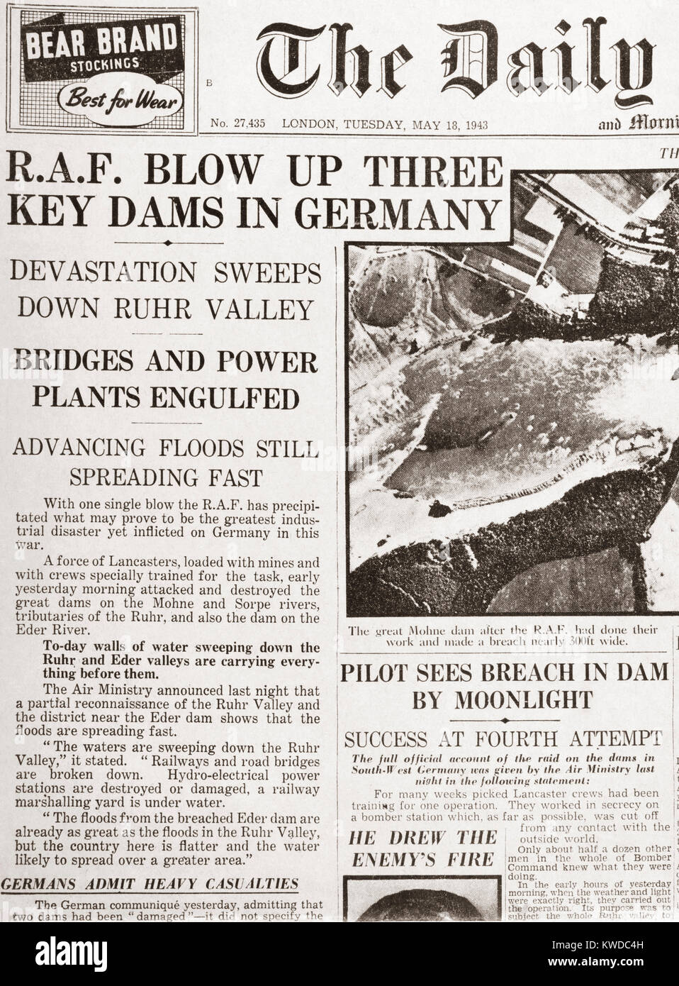 Article from The Daily Telegraph of May 18, 1943 reporting on Operation Chastise, an attack on German dams carried out on 16–17 May 1943 by Royal Air Force No. 617 Squadron, subsequently known as the Dam Busters, using a purpose-built 'bouncing bomb' . The Möhne and Edersee Dams were breached, causing catastrophic flooding of the Ruhr valley and of villages in the Eder valley in Germany. Stock Photo