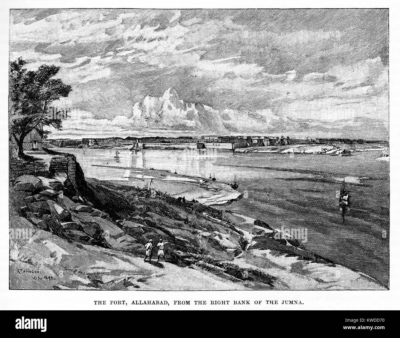 The Fort, Allahabad from the right bank of the Jumna River; 19th century black and white engraving Stock Photo