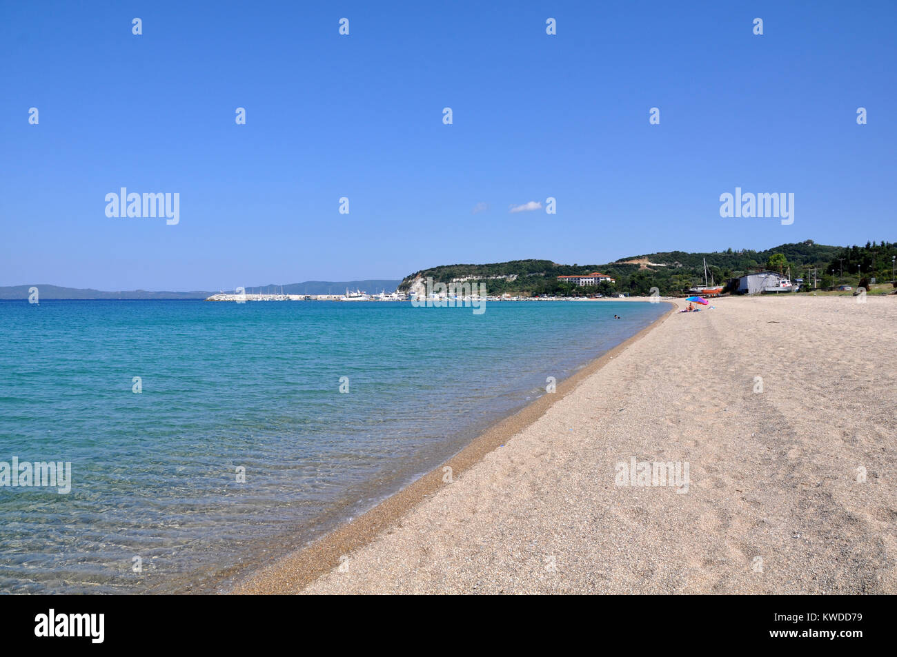 Beach and port of Ierissos in Halkidiki of Greece Stock Photo