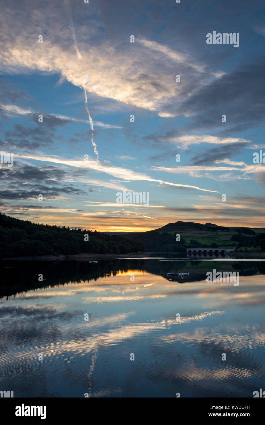 Beautiful sunset at Ladybower reservoir in the Peak District, Derbyshire, England. Stock Photo