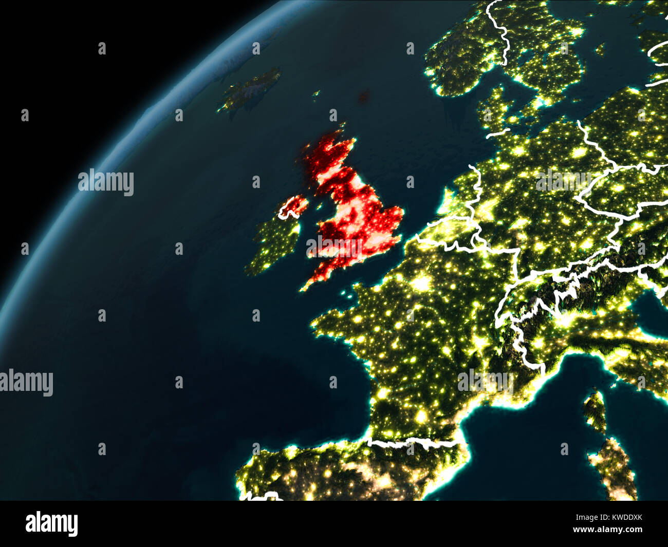 United Kingdom in red on planet Earth at night with visible borderlines ...