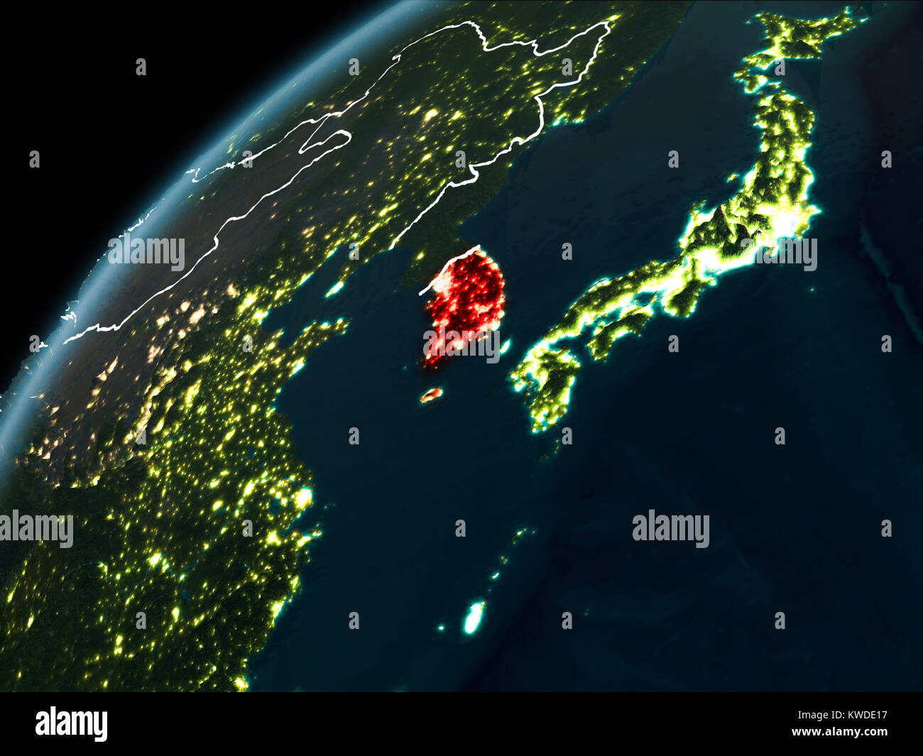 South Korea in red on planet Earth at night with visible borderlines ...