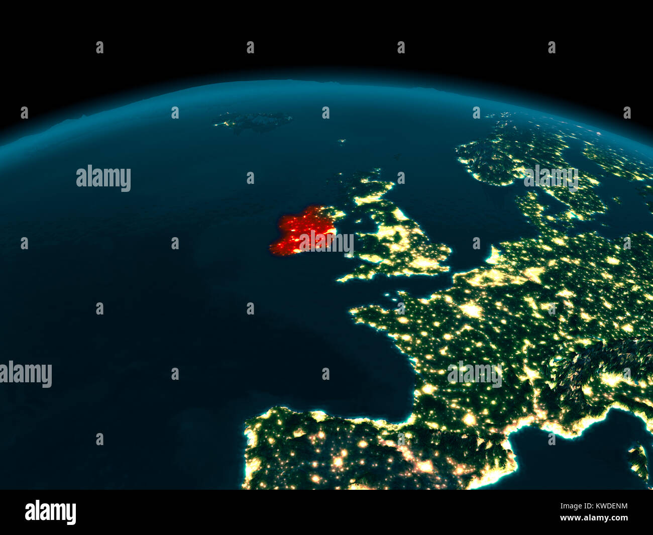 Country of Ireland in red on planet Earth at night. 3D illustration ...