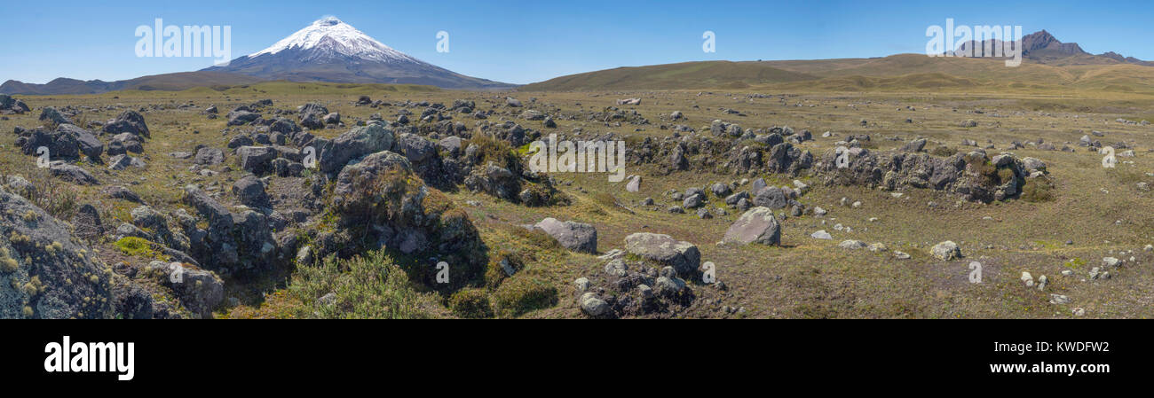 Cotopaxi Volcano, Ecuador with lichen covered boulders thrown out from past eruptions in the foreground. One of the world's highest active volcanoes a Stock Photo