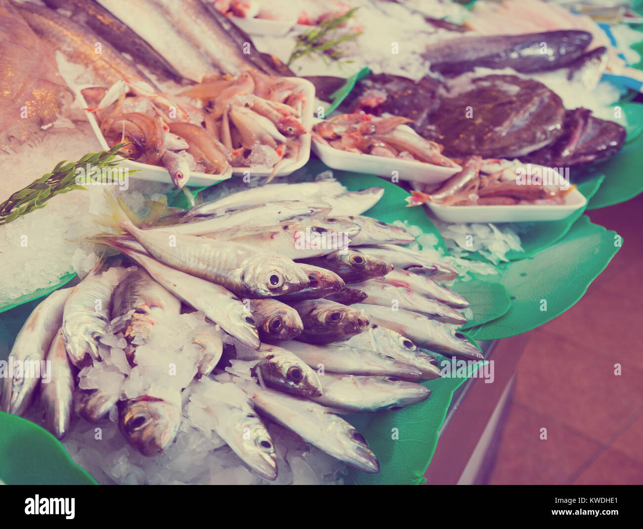 fresh raw fish on seafood market in ice Stock Photo - Alamy