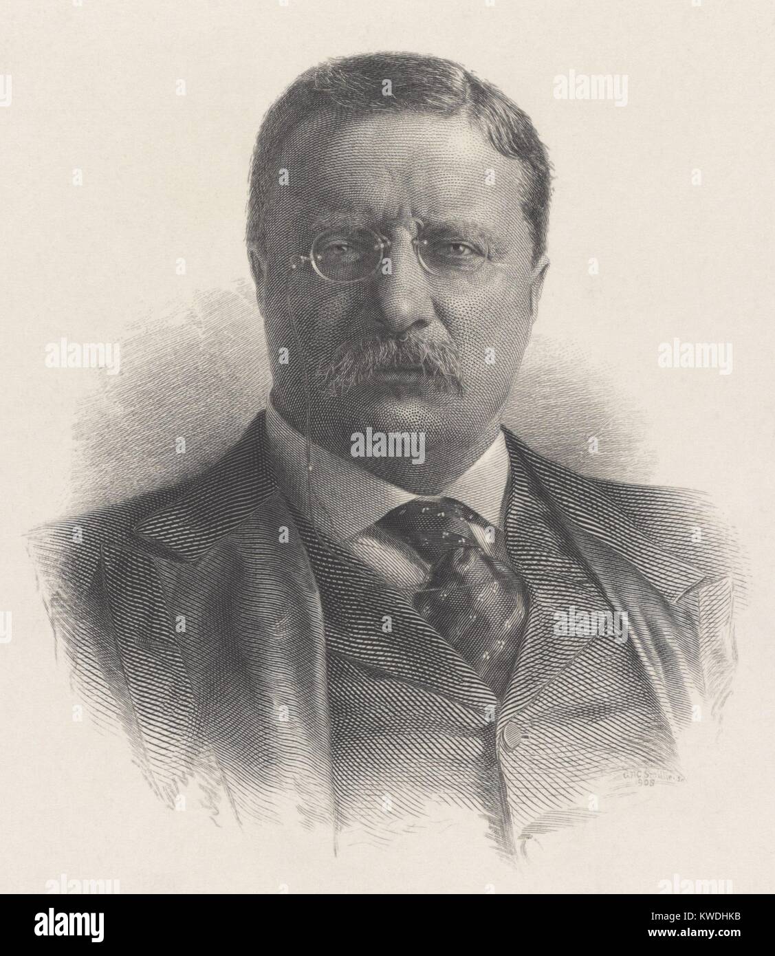 President Theodore Roosevelt, 1945 engraving by the Treasury Dept. from a 1908 portrait (BSLOC 2017 6 45) Stock Photo