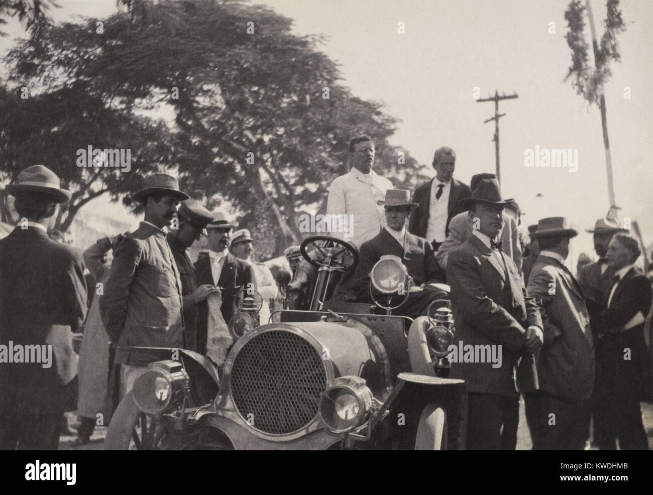 President Theodore Roosevelt standing in a car at Caguas, Puerto Rico
