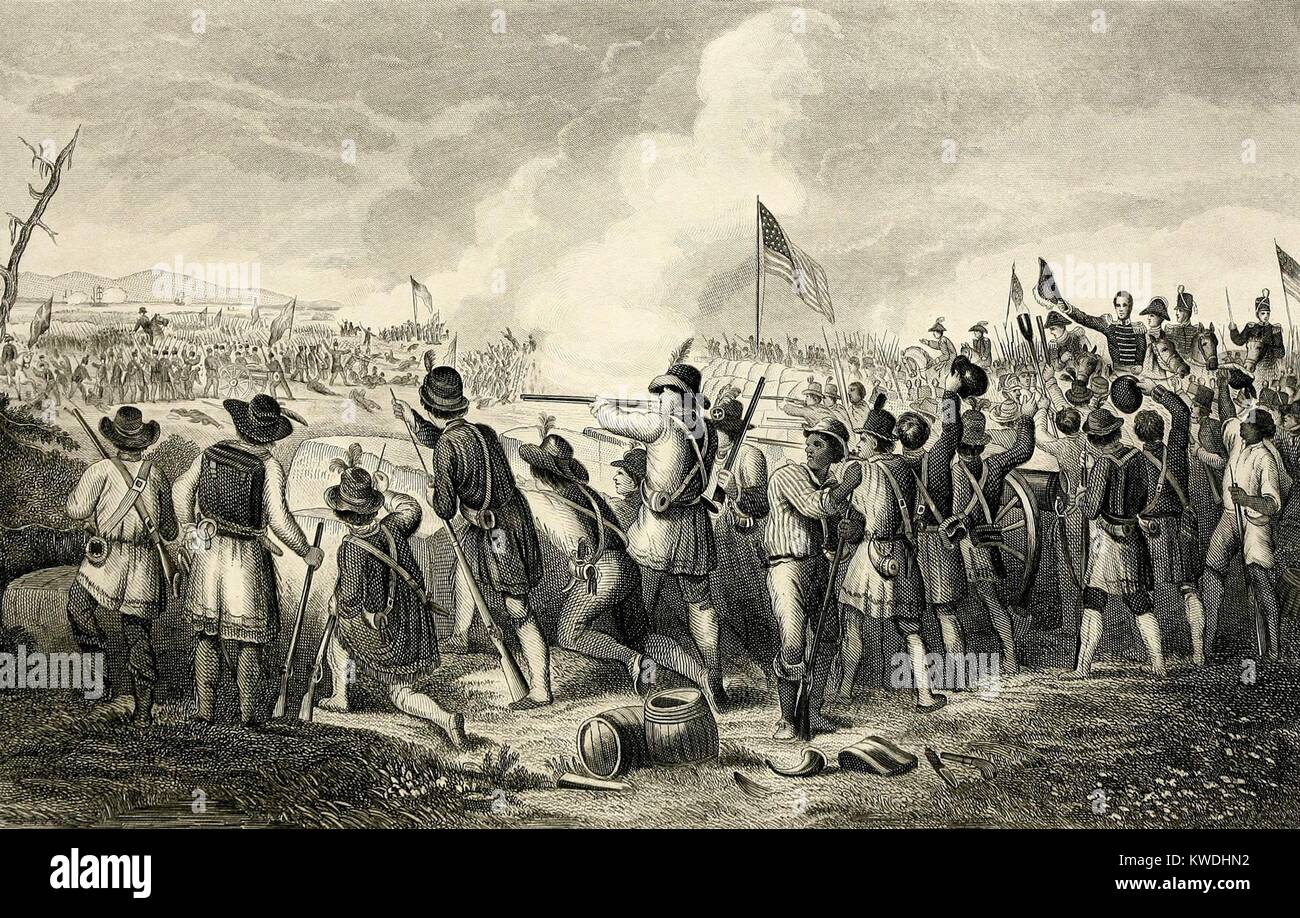 Battle of New Orleans viewed from behind the American line, Jan. 8, 1815. Commanded by Major General Andrew Jackson, the victory prevented the British from seizing New Orleans and the territory the United States had acquired with the Louisiana Purchase (BSLOC 2017 6 8) Stock Photo