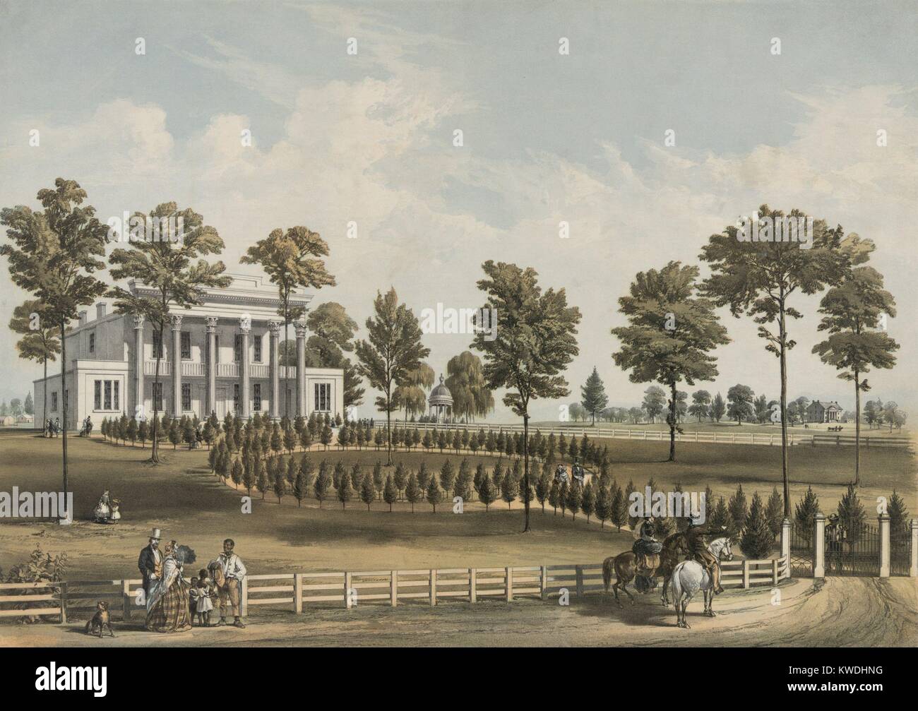 The Hermitage, Andrew Jacksons plantation home from 1804 to 1845 in 1856 lithograph. The house was on a 1,050-acres of land worked by around 100 slaves when Jackson was president in the 1830s (BSLOC 2017 6 9) Stock Photo