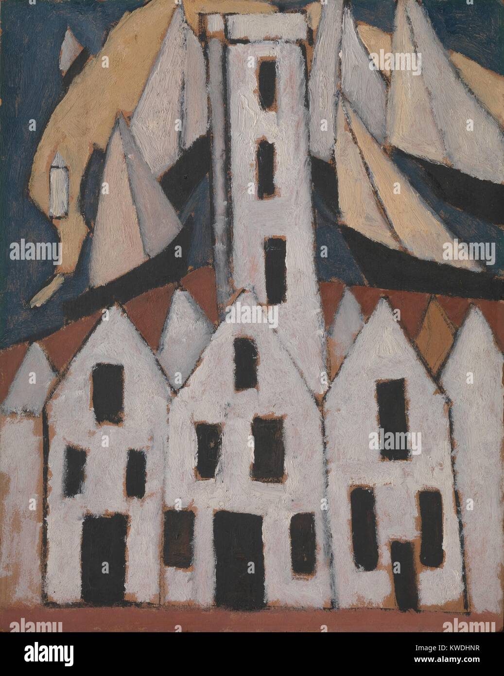MOVEMENT NO. 5, PROVINCETOWN HOUSES, by Marsden Hartley, 1916, American oil painting. Hartley painted several houses, sailboats, and the tall Pilgrim Monument in flat, geometric forms (BSLOC 2017 7 104) Stock Photo