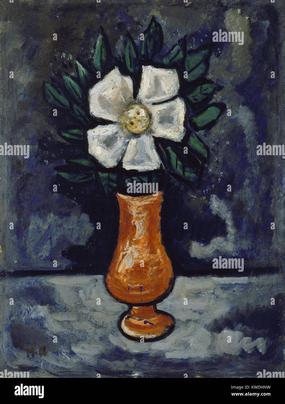 WHITE FLOWER, by Marsden Hartley, c. 1917, American painting, oil on wood. Still life painted in Hartleys personal synthesis of Cubism and German Expressionism (BSLOC 2017 7 105) Stock Photo
