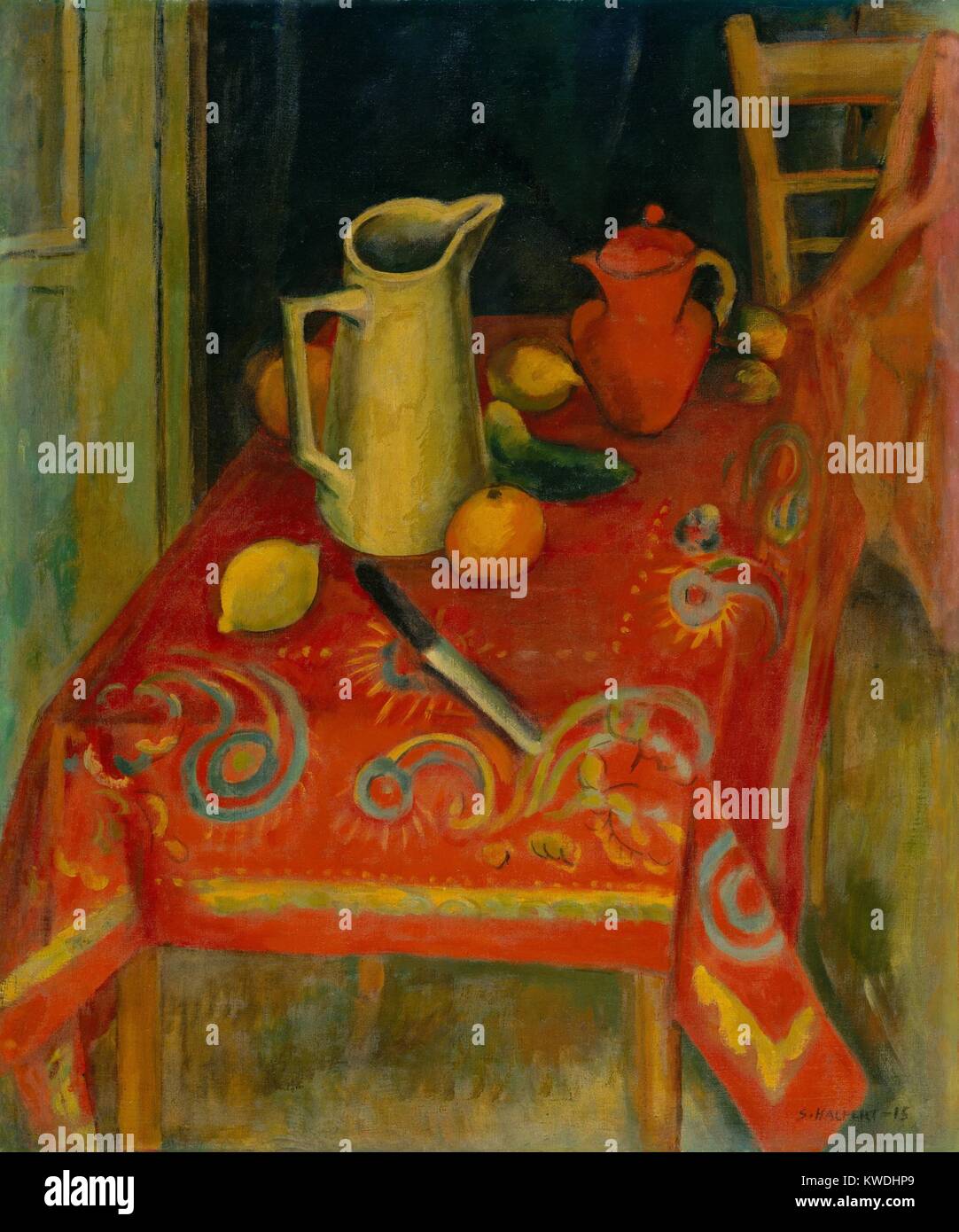 THE RED TABLECLOTH, by Samuel Halpert, 1915, American painting, oil on canvas. The artist studied and lived in Paris and combined the influence of Cezanne and the Fauves in this still life painting (BSLOC 2017 7 115) Stock Photo