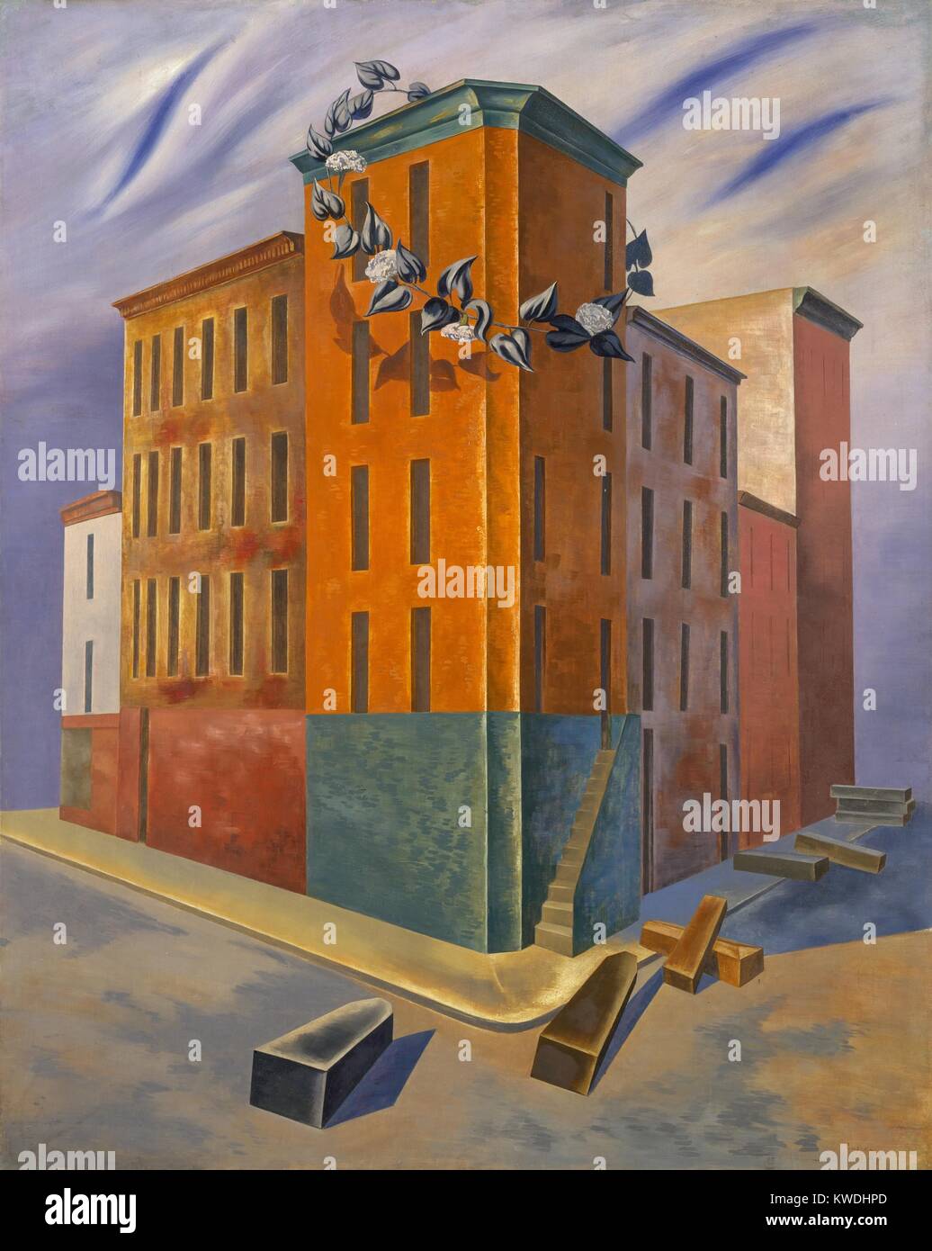 ONE THIRD OF A NATION, by O. Louis Guglielmi, 1939, American painting, oil and tempera on wood. The title references Franklin Roosevelts 1937 inaugural address, I see one-third of a nation ill-housed, ill-clad, ill-nourished. With surrealist elements, it depicts poverty with coffin-like forms and a floral mourning wreath on the building (BSLOC 2017 7 119) Stock Photo
