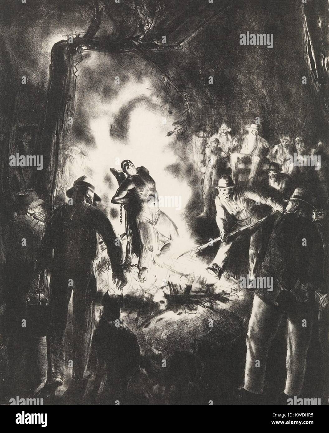 THE LAW IS TOO SLOW, by George Bellows, 1923, American print, lithograph. Brutally graphic image of a lynching, in this case the burning alive of an African American man by a small mob of white men (BSLOC 2017 7 134) Stock Photo