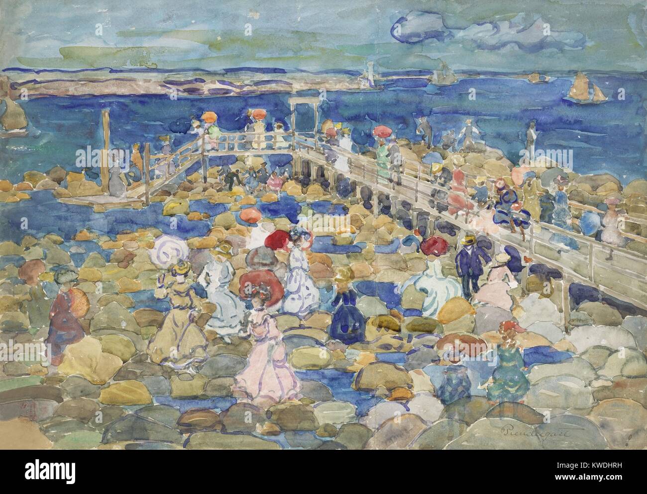 LOW TIDE, BEACHMONT, by Maurice Brazil Prendergast, 1900–05, American painting, watercolor. People enjoying beach at low tide in Beachmont, a suburb north of Boston. It shows the influence of Post Impressionist and the Nabis painters on Prendergast (BSLOC 2017 7 145) Stock Photo