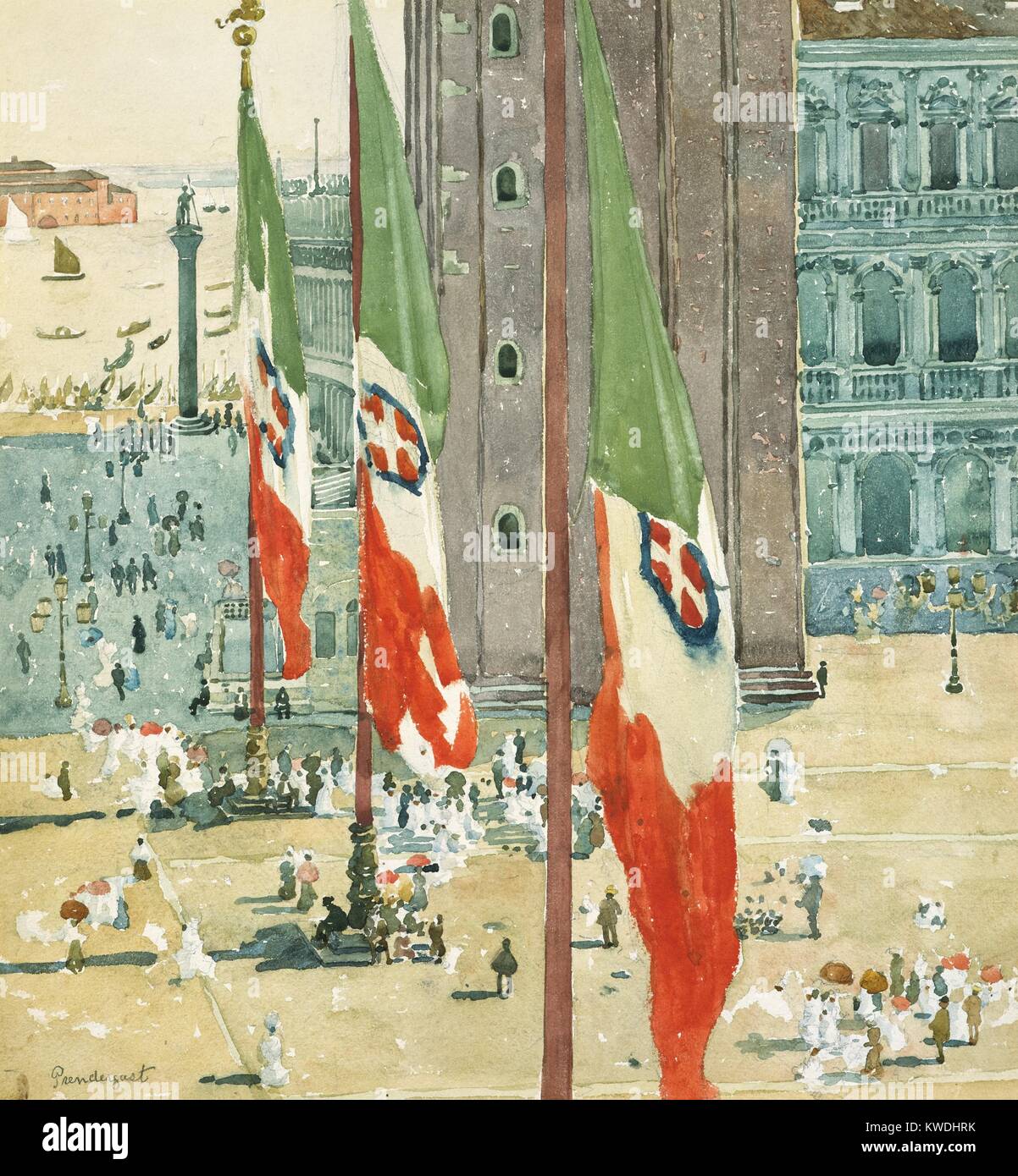 PIAZZA DI SAN MARCO, by Maurice Brazil Prendergast, 1898-99, American painting, watercolor. Flags dominate the scene, that recedes into the Venetian lagoon, with the St. Marks Square below (BSLOC 2017 7 147) Stock Photo
