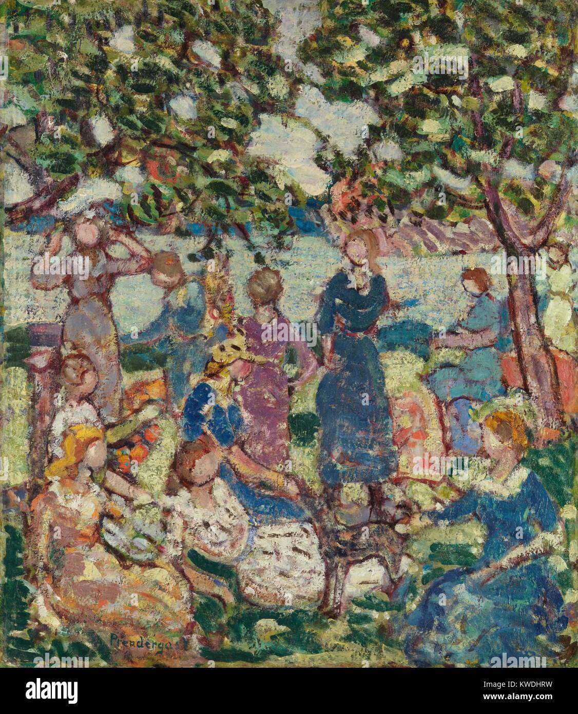 PICNIC BY THE INLET, by Maurice Brazil Prendergast, 1918-23, American painting, oil on canvas. In this late work by the artist, he returns to a favorite subject, people at the beach. It is painted in the person style he evolved from French Post Impressionism and the influence of the Nabis painters (BSLOC 2017 7 152) Stock Photo
