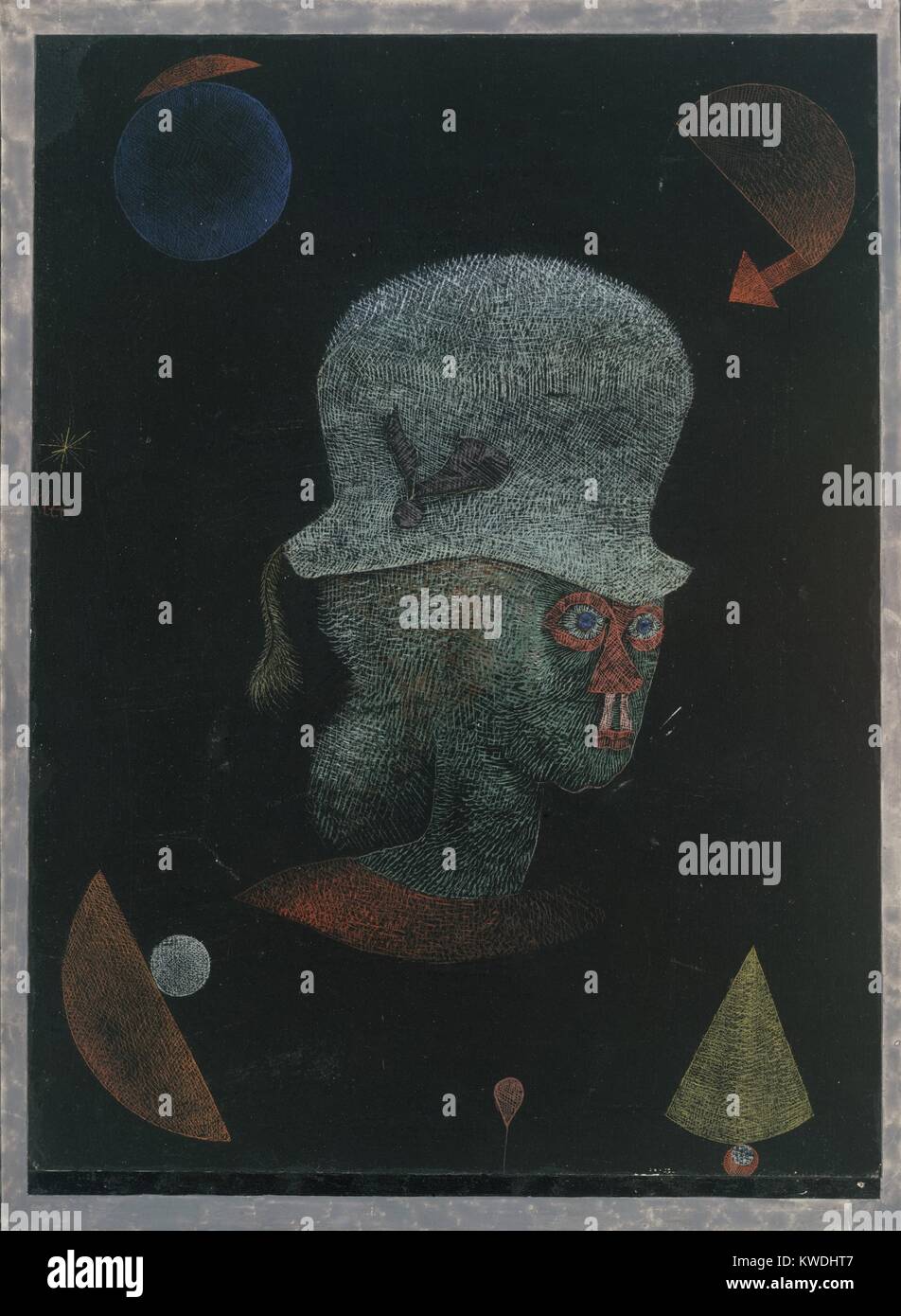 ASTROLOGICAL FANTASY PORTRAIT, by Paul Klee, 1924, Swiss drawing, gouache, and ink on paper. Imaginary humanoid drawn with white and colored hatching on black paper. In the corners are hatched renderings of composite geometric forms (BSLOC 2017 7 24) Stock Photo