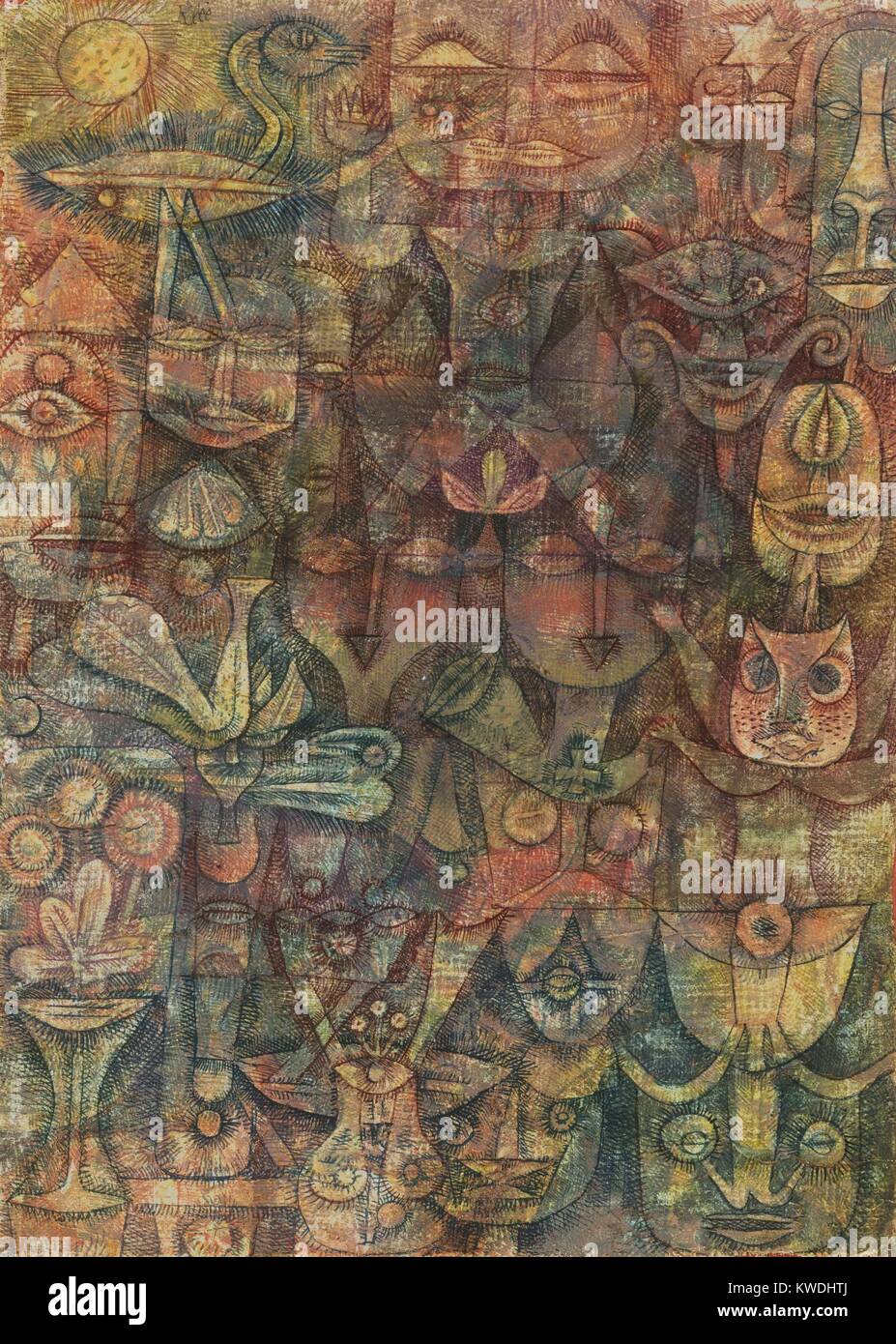 STANGE GARDEN, by Paul Klee, 1923, Swiss painting, watercolor, gouache, and ink. Human-like and animal faces, isolated facial features, and plants are drawn with line and hatching. Colors are applied in soft areas , sometimes within forms and others independent of the forms (BSLOC 2017 7 32) Stock Photo
