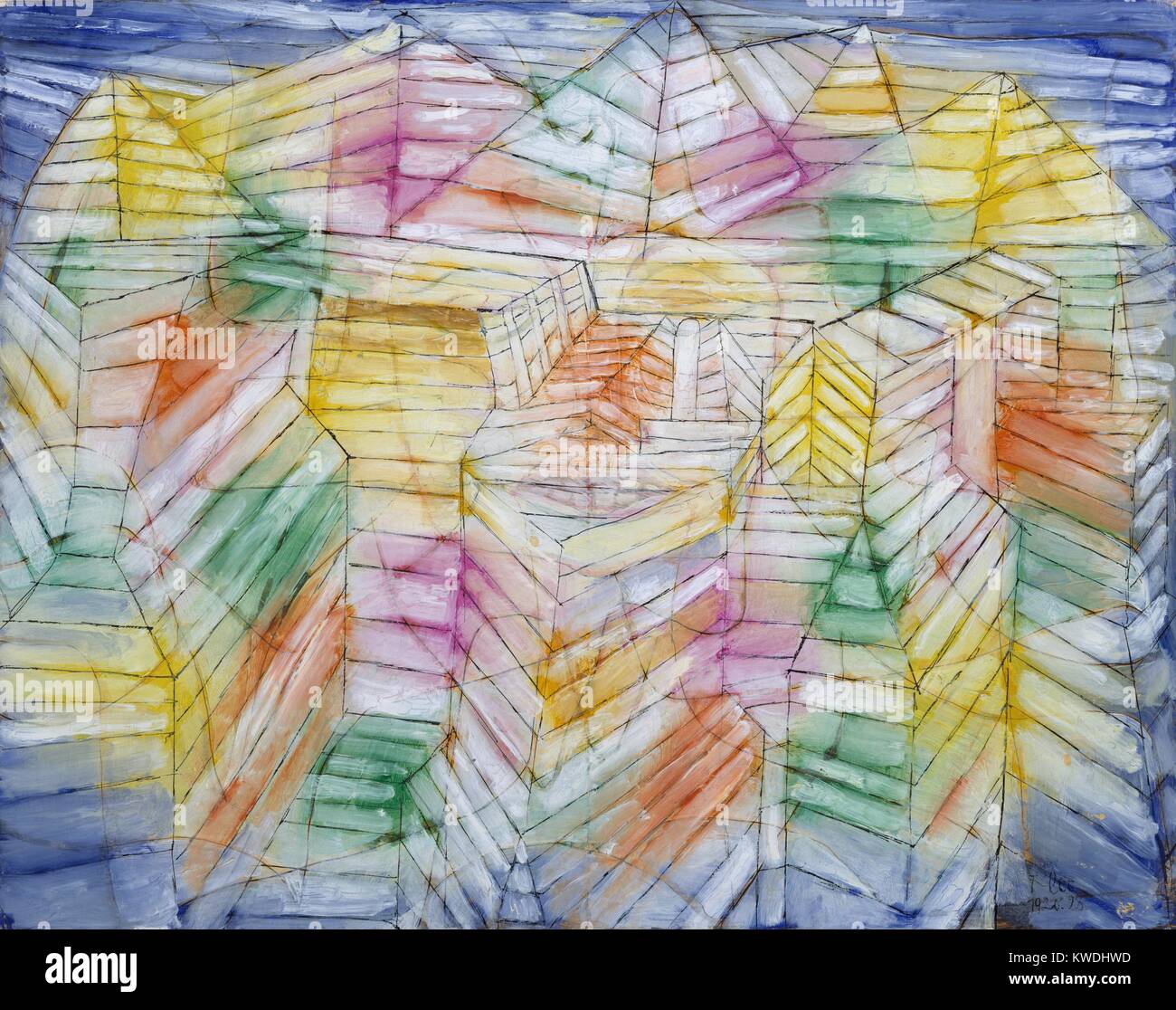 THEATER-MOUNTAIN-CONSTRUCTION, by Paul Klee, 1920, Swiss drawing, oil, gouache, and ink on paper. Illusionistic geometric abstraction, combined with symbolic sun and moon and arrows (BSLOC 2017 7 52) Stock Photo