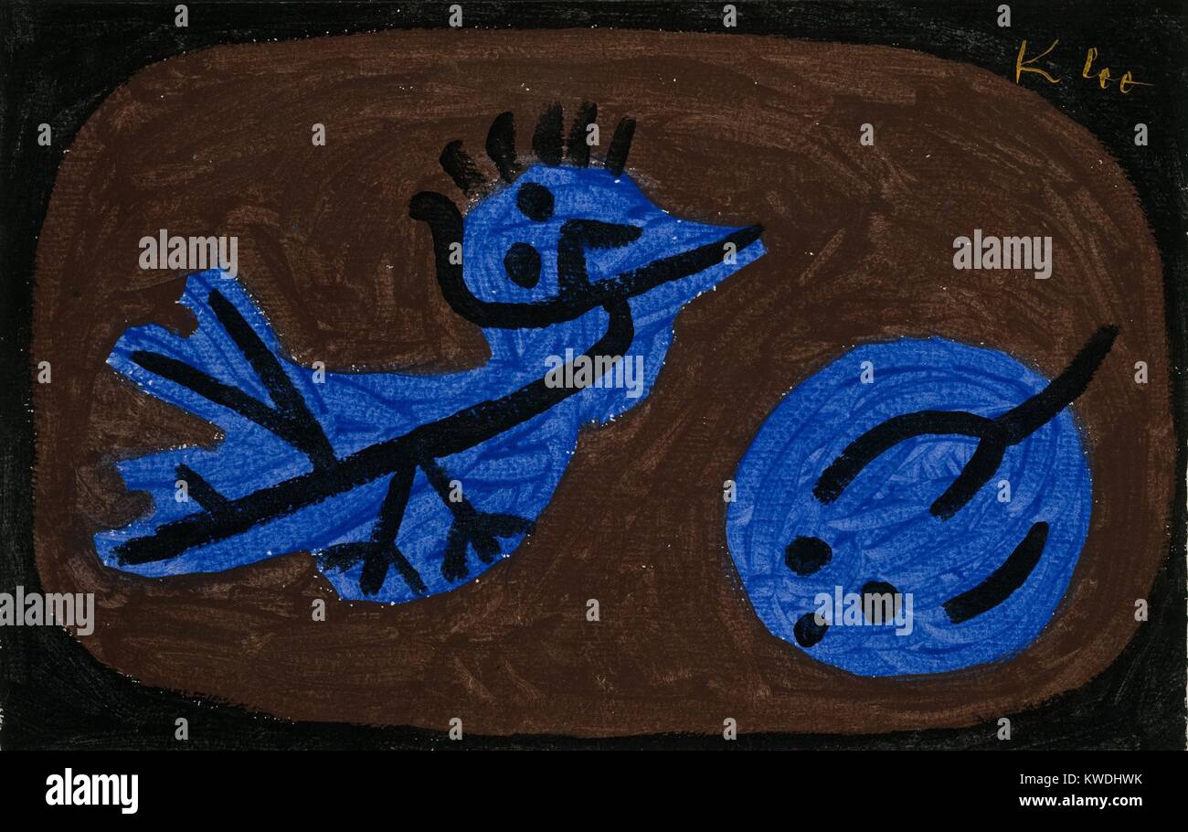 BLUE-BIRD-PUMPKIN, by Paul Klee, 1939, Swiss drawing, gouache on paper. Pictogram like lines are painted over bright blue shapes on an oval ground, which are bounded by the black edges painting surface (BSLOC 2017 7 57) Stock Photo