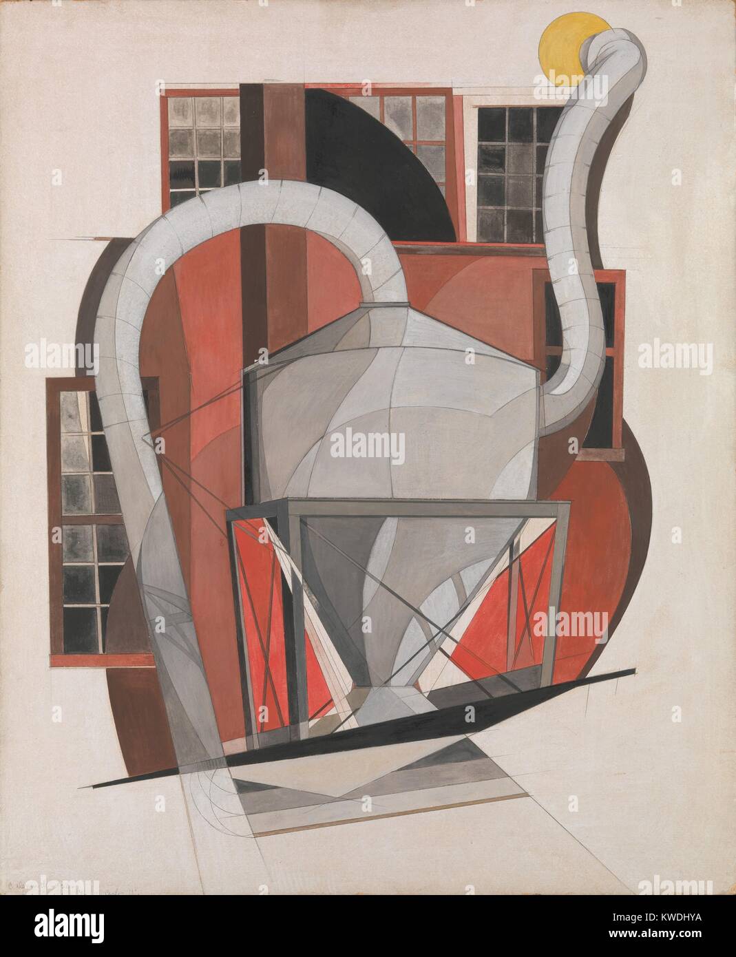 MACHINERY, by Charles Demuth, 1920, American painting, gouache, and graphite on cardboard. This work is based on industrial architecture in Demuths hometown of Lancaster, Pennsylvania. Minimally abstracted with elegant lines and forms, the rooftop machinery with a background of factory is clearly depicted (BSLOC 2017 7 94) Stock Photo