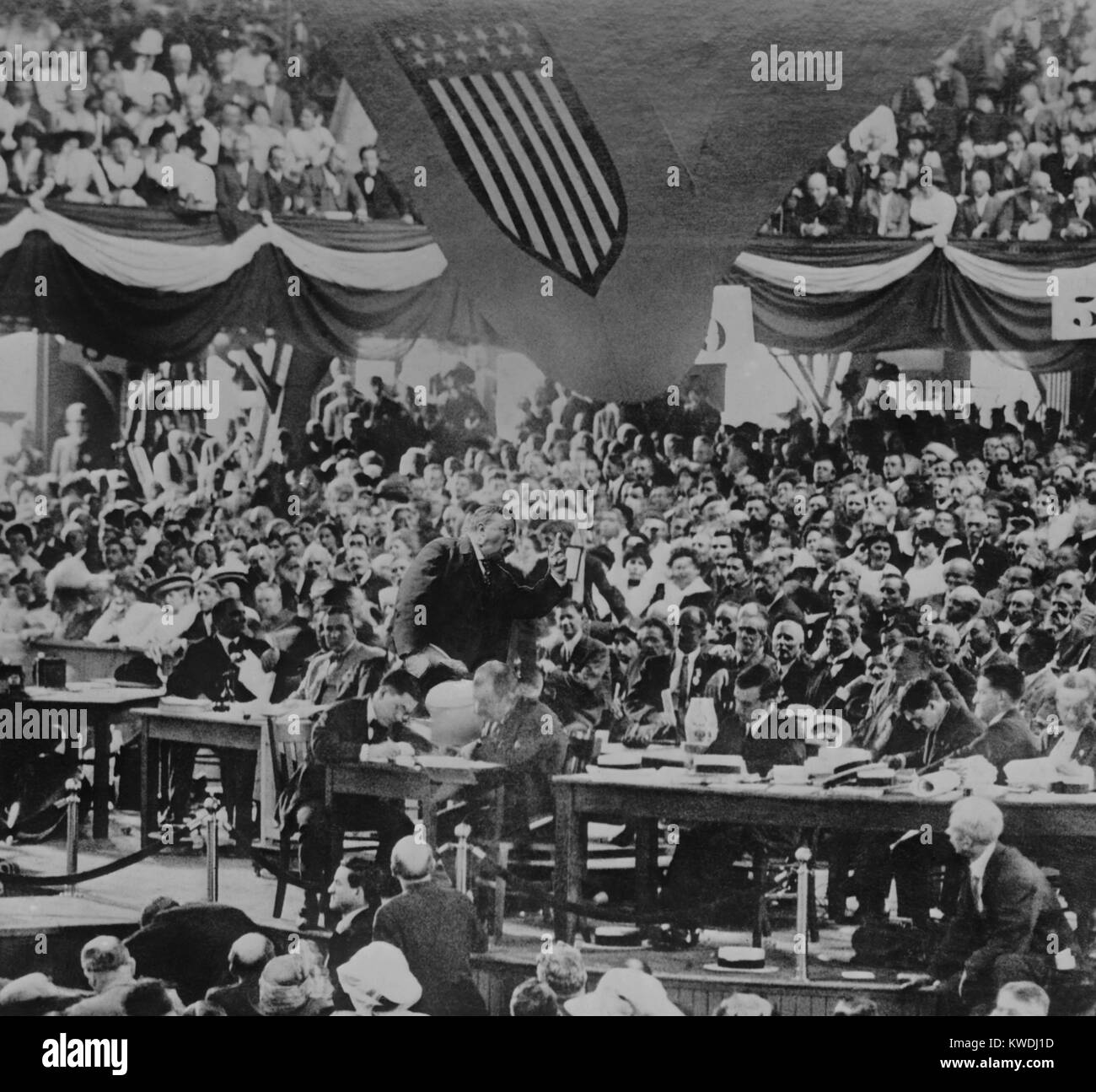 Theodore Roosevelt addressing the Progressive National Convention, August 6, 1912. He gave a 2 hour speech in which he attacked both the Republican and Democratic parties as undemocratic (BSLOC 2017 8 50) Stock Photo