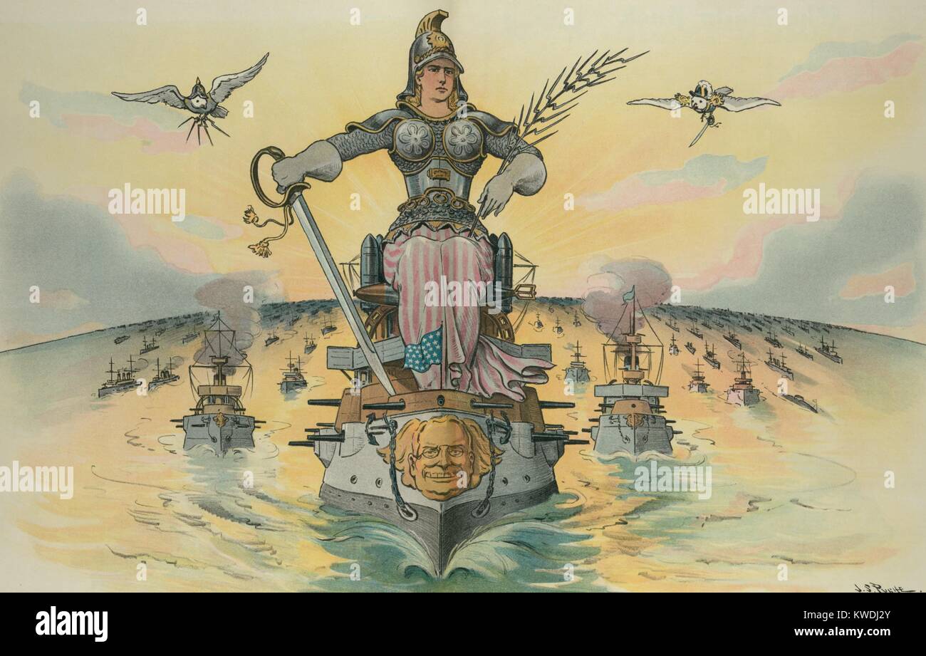 PEACE, 1905 cartoon from PUCK Magazine. Fleet of warships with Theodore Roosevelts face on the lead ship. Armor clad Columbia sits atop this ship and carries a sword in one hand and an olive branch fashioned out of bayonet in the other (BSLOC 2017 8 81) Stock Photo
