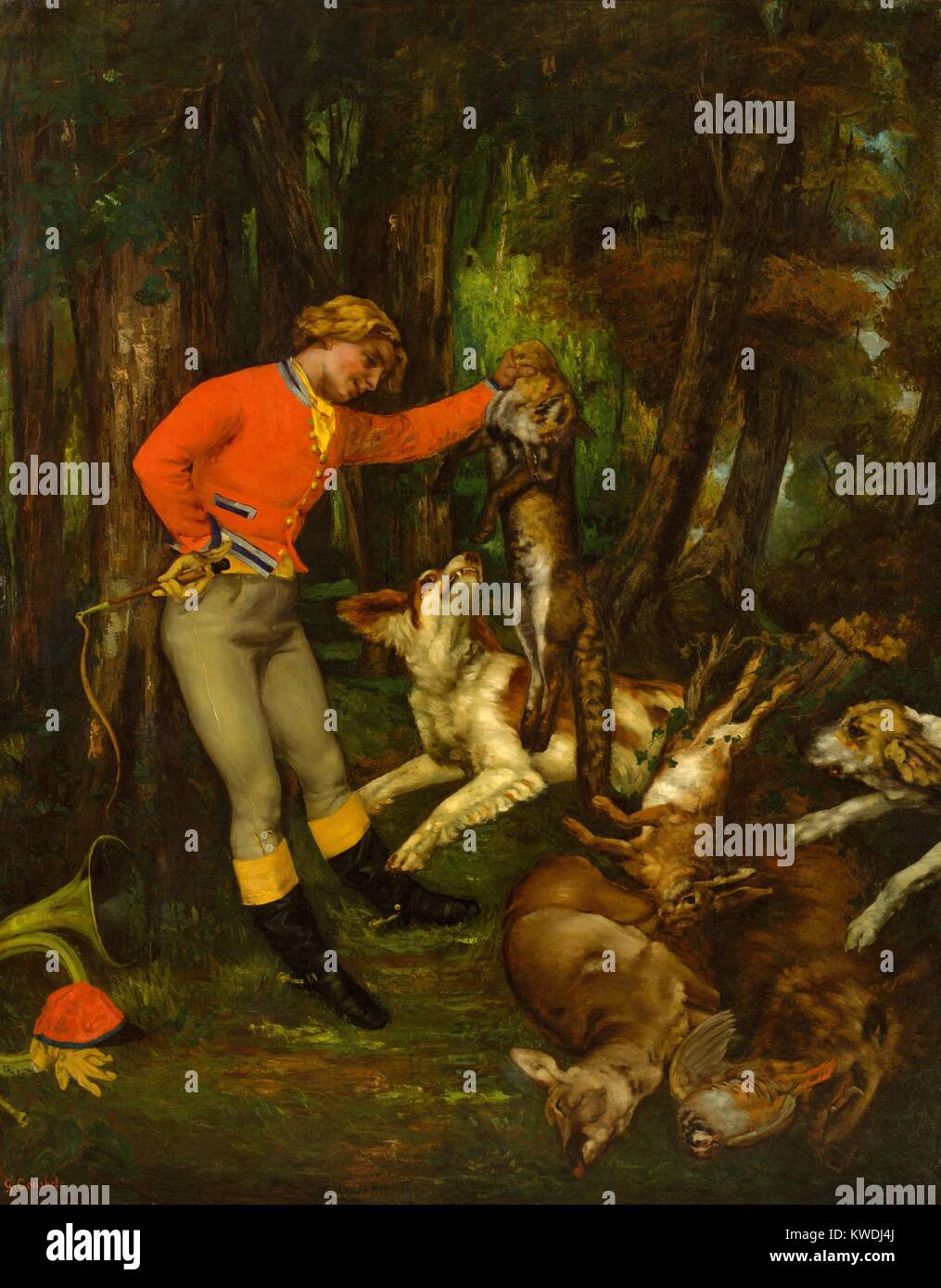 AFTER THE HUNT, by Gustave Courbet, 1859, French painting, oil on canvas. The hunt master stands over an assortment of dead game, including a wild boar, a partridge, a deer, and a hare. Courbet devoted some eighty pictures to the popular subject of the hunt (BSLOC 2017 9 118) Stock Photo