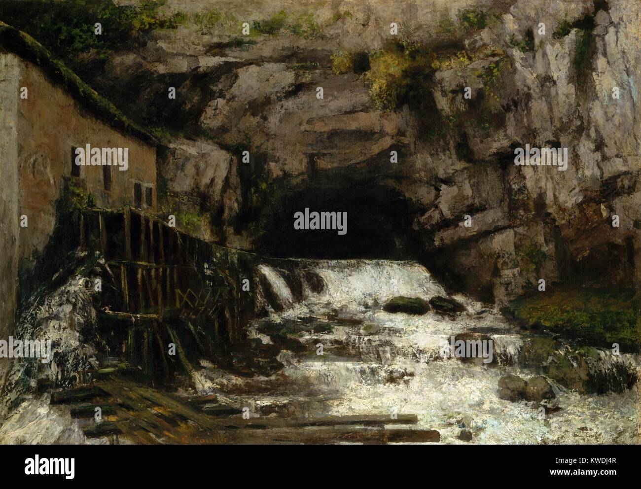 THE SOURCES OF THE LOUE, by Gustave Courbet, 1864, French painting, oil on canvas. The rocky cave at the source of the River Loue was a geological curiosity in Courbets native village, Ornans. The mill at left, the rocks, and water are painted with palette knife and brush (BSLOC 2017 9 120) Stock Photo