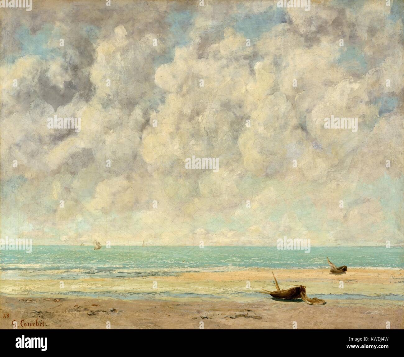 THE CALM SEA, by Gustave Courbet, 1869, French painting, oil on canvas. The English Channel at Etretat, Normandy in August 1869. By this time Courbet was appreciative of the work of Impressionists Manet and Monet, which may have influenced his lighter more luminous palette (BSLOC 2017 9 122) Stock Photo