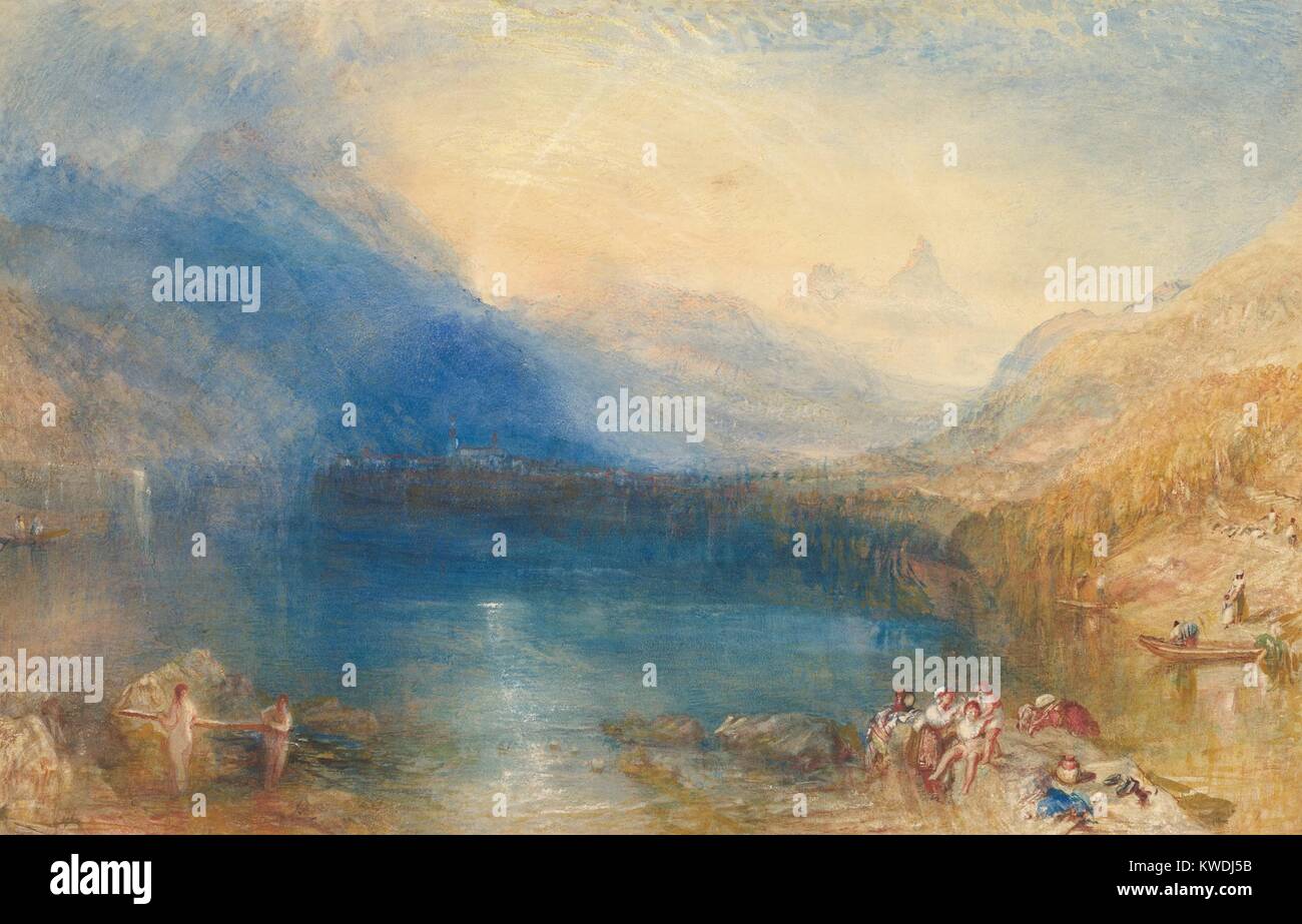 THE LAKE OF ZUG, by Joseph Mallord William Turner, 1843, American watercolor painting. This watercolor was painted in studio from sketches Turner made in the Swiss Alps. The lake and mountains were painted with successive applications of color. The reflections reveal the white surface of the paper scraped out of an already painted area. Image depicts a sunrise between the mountains Rossberg and Mythen behind the town of Arth (BSLOC 2017 9 131) Stock Photo