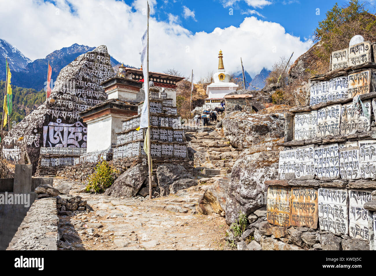 Om mani padme hum stones, Everest trek, Himalaya, Nepal Stock Photo