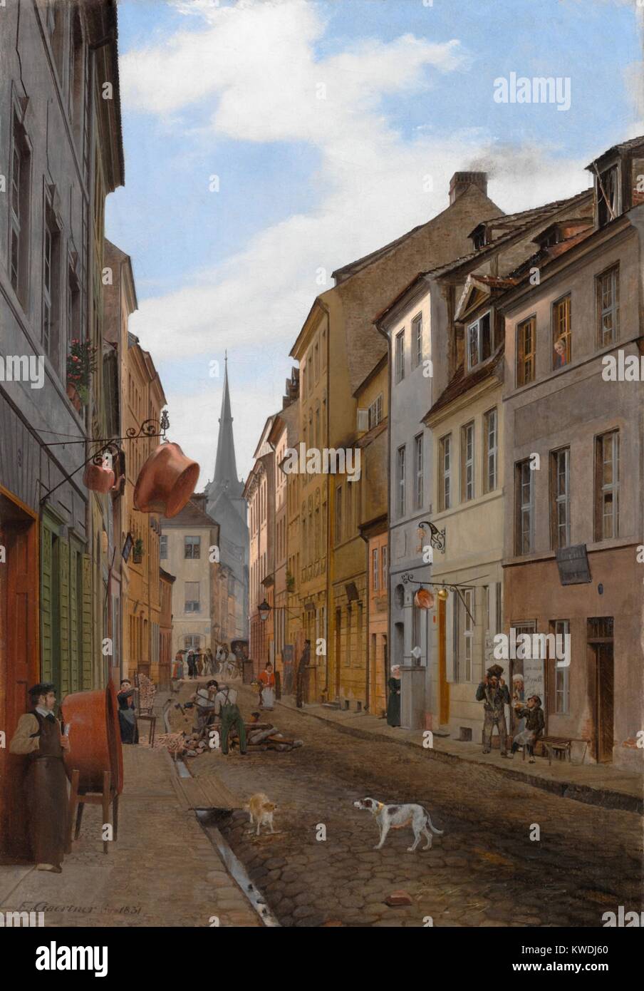 PAROCHIALSTRASSE IN BERLIN, by Eduard Gaertner, 1831, German painting, oil on canvas. Gaertner specialized in architectural painting in which he possibly used a camera obscura to compose. Rich with details, it includes street workers, drains, shop signs, dogs, foot, and carriage traffic. In the 1830s he enjoyed Royal patronage and flourished (BSLOC_2017_9_143) Stock Photo